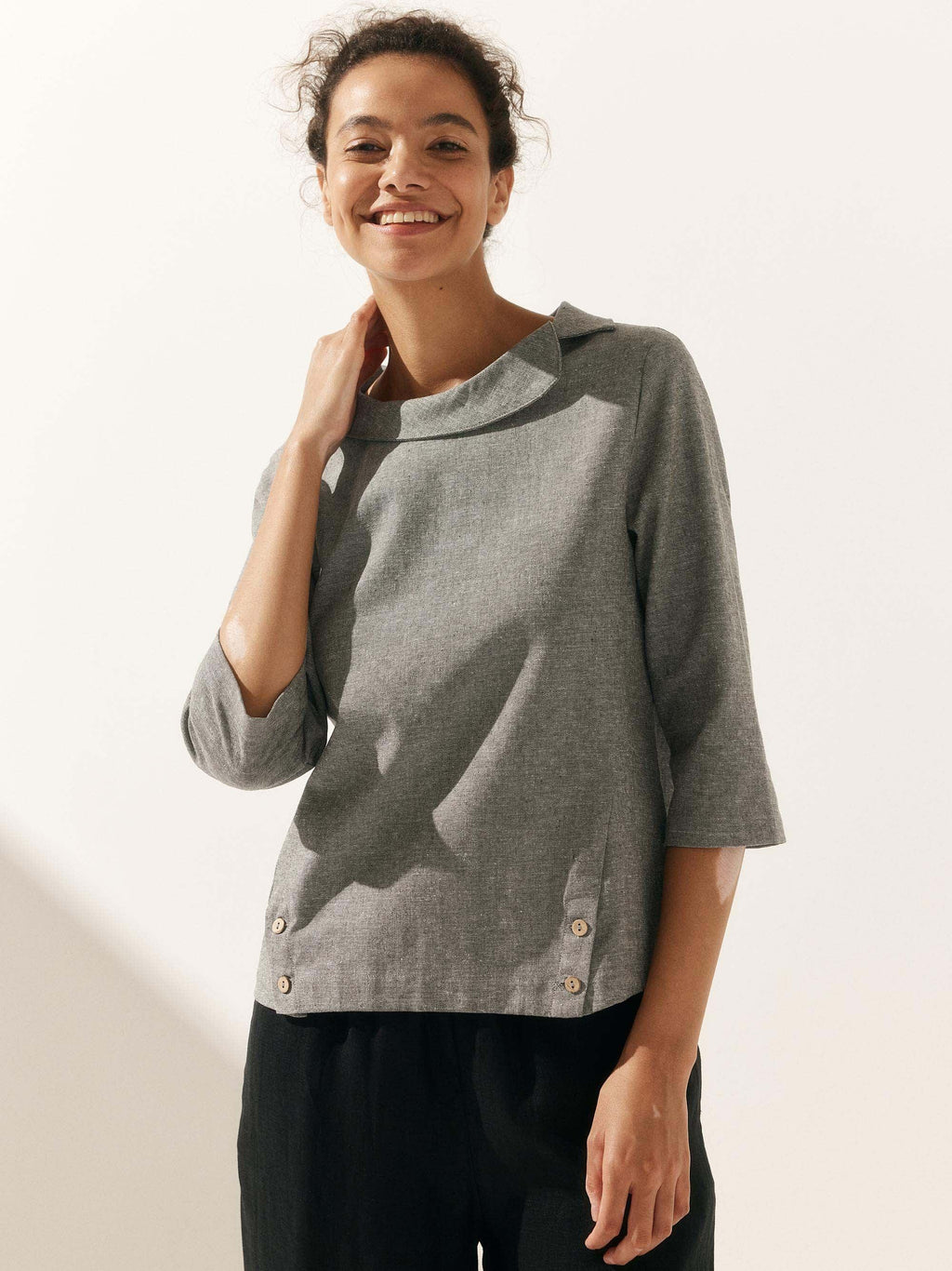 LINTICO Linen Gingham Checked Round Soft-Fold Collar Top LAURA — main product shot