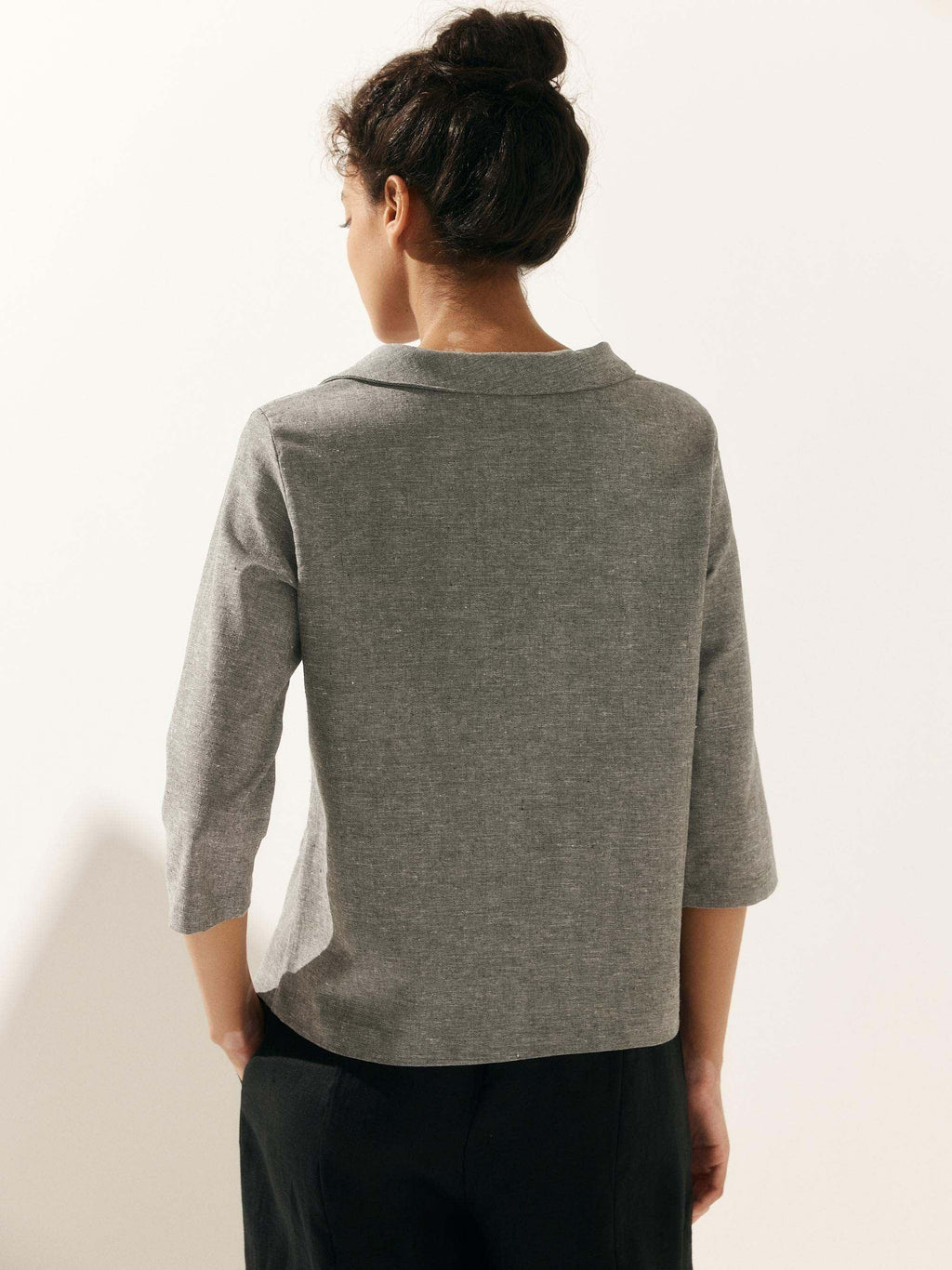 LINTICO Linen Gingham Checked Round Soft-Fold Collar Top LAURA — lifestyle context