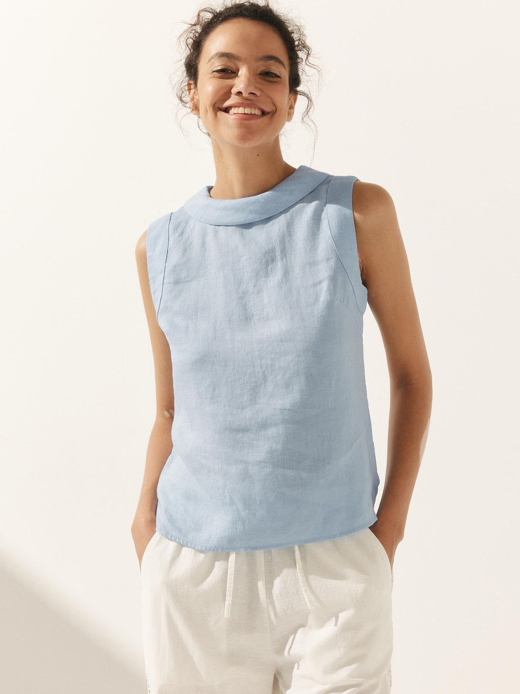 LINTICO 100% Linen Draped Collar Tank Top — fabric or material detail
