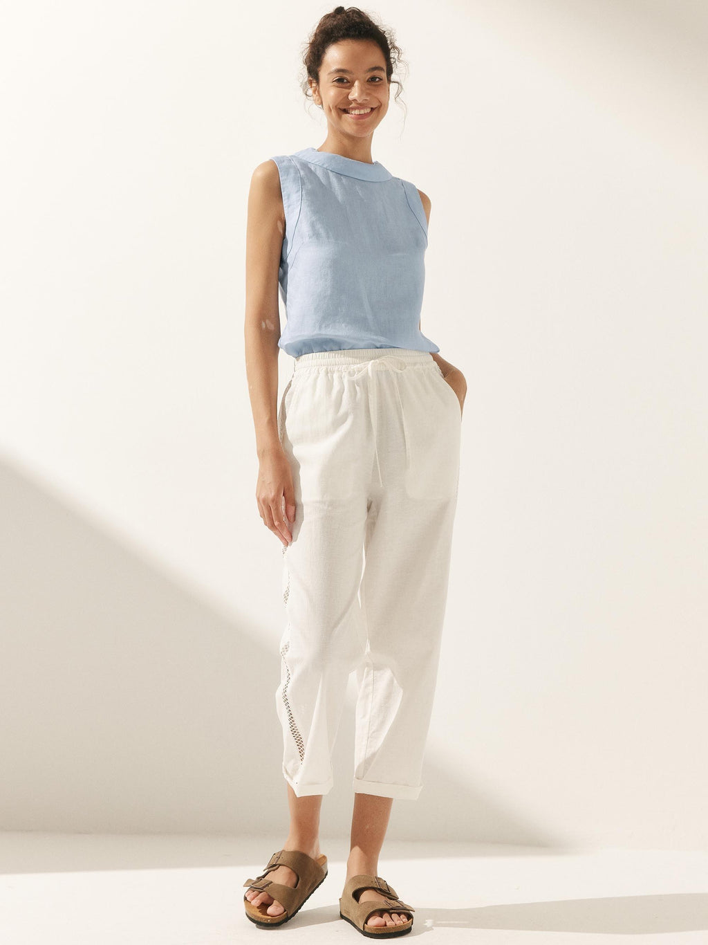 LINTICO 100% Linen Draped Collar Tank Top — flat-lay composition