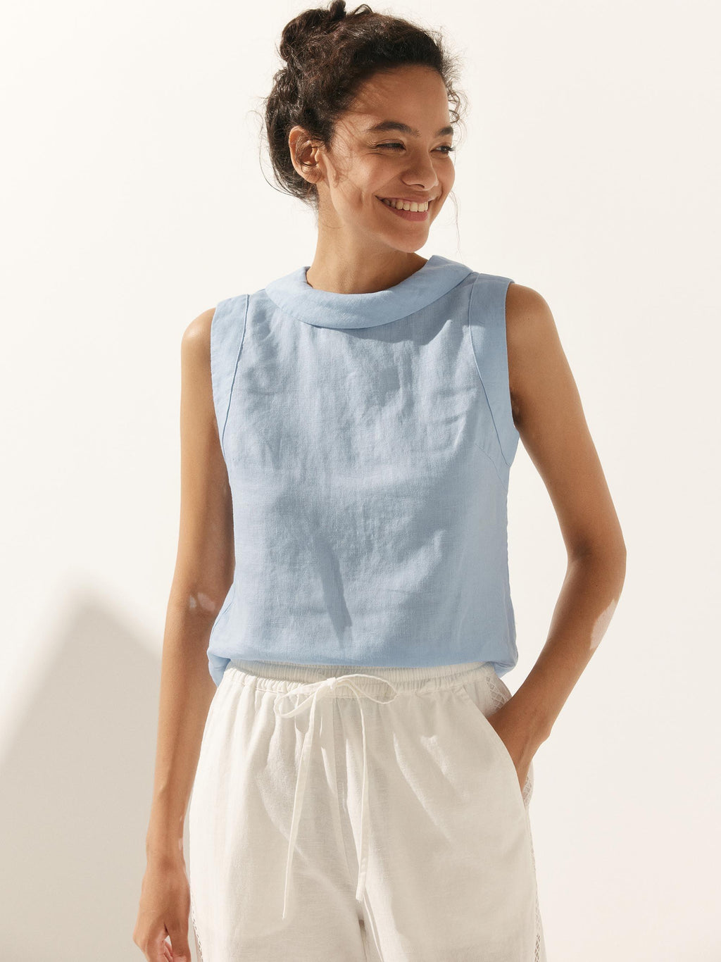 LINTICO 100% Linen Draped Collar Tank Top JACQUELINE — LINTICO branding close-up