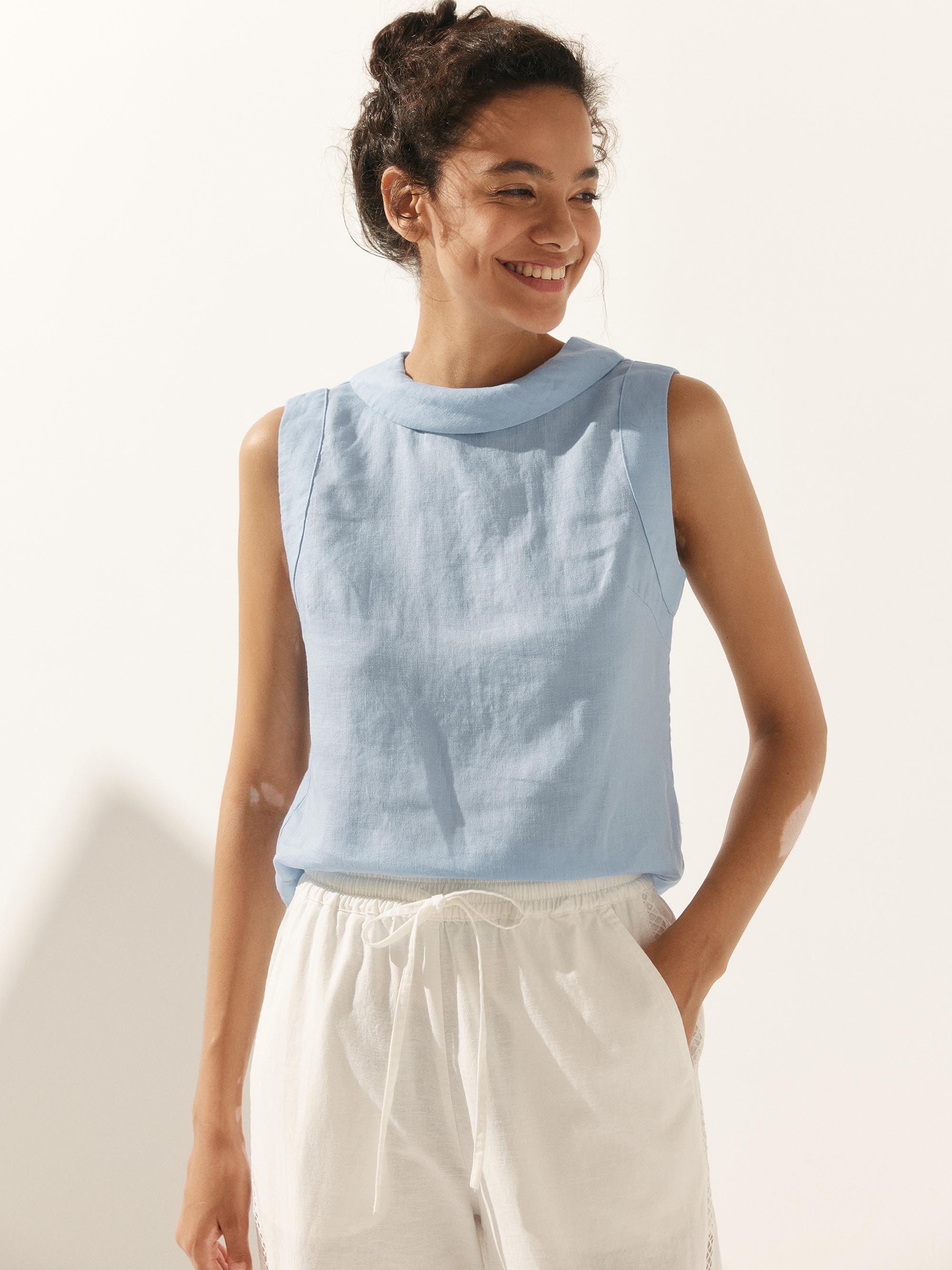 LINTICO 100% Linen Draped Collar Tank Top JACQUELINE — LINTICO branding close-up