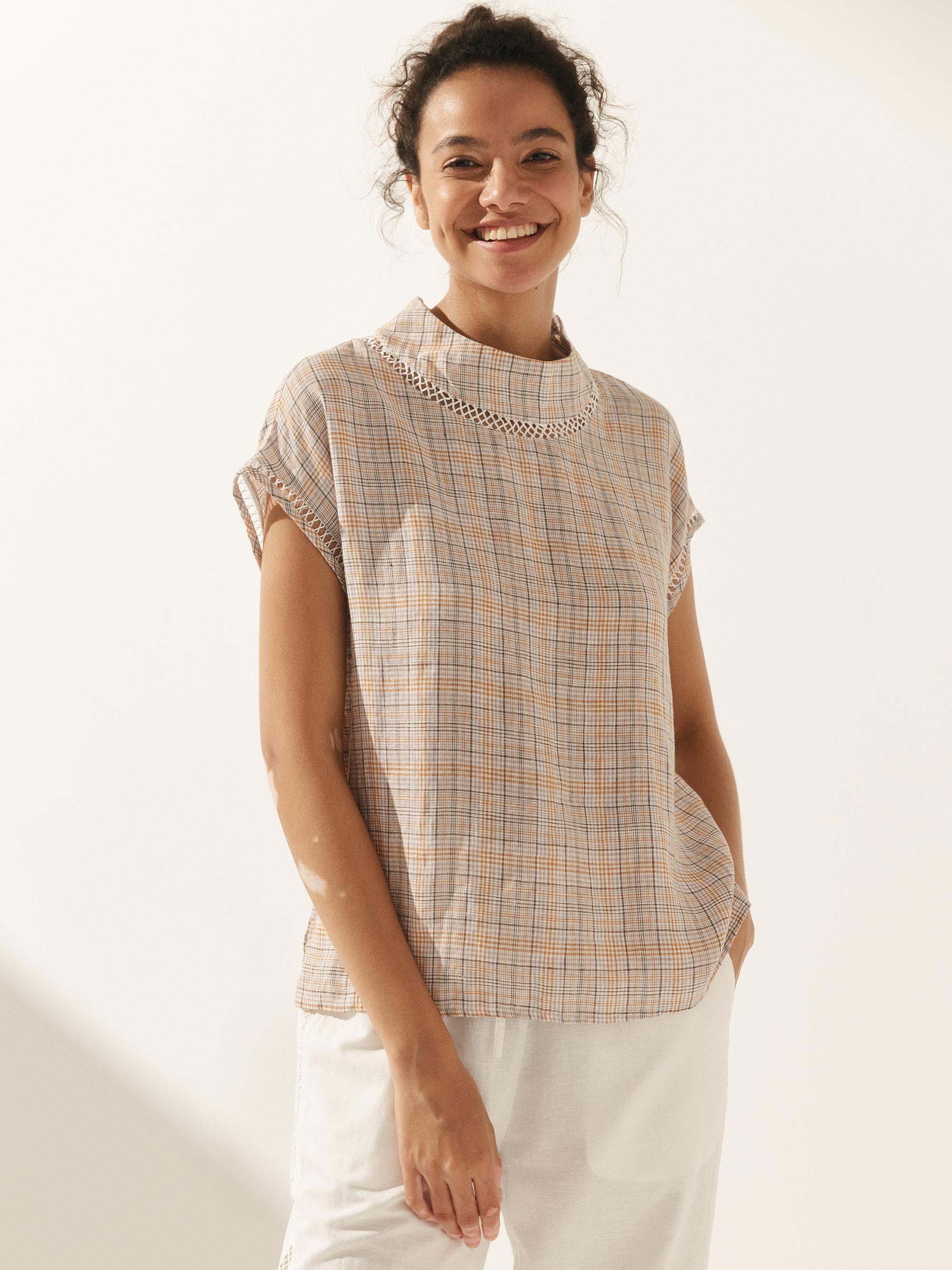 LINTICO 100% Linen Gingham Checked Cutout Turtleneck Top CAROL — detail shot 9
