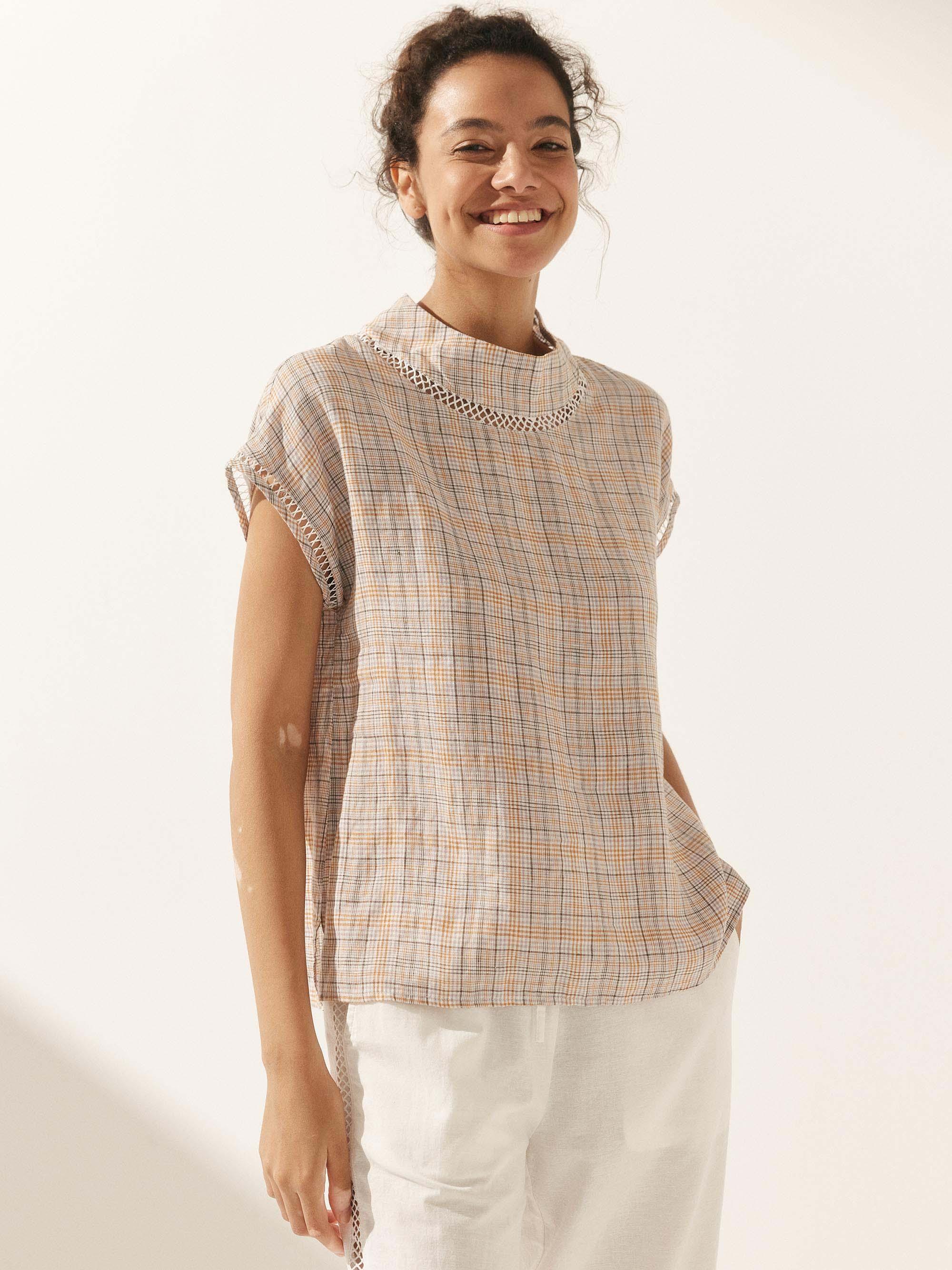 LINTICO 100% Linen Gingham Checked Cutout Turtleneck Top CAROL — product on model