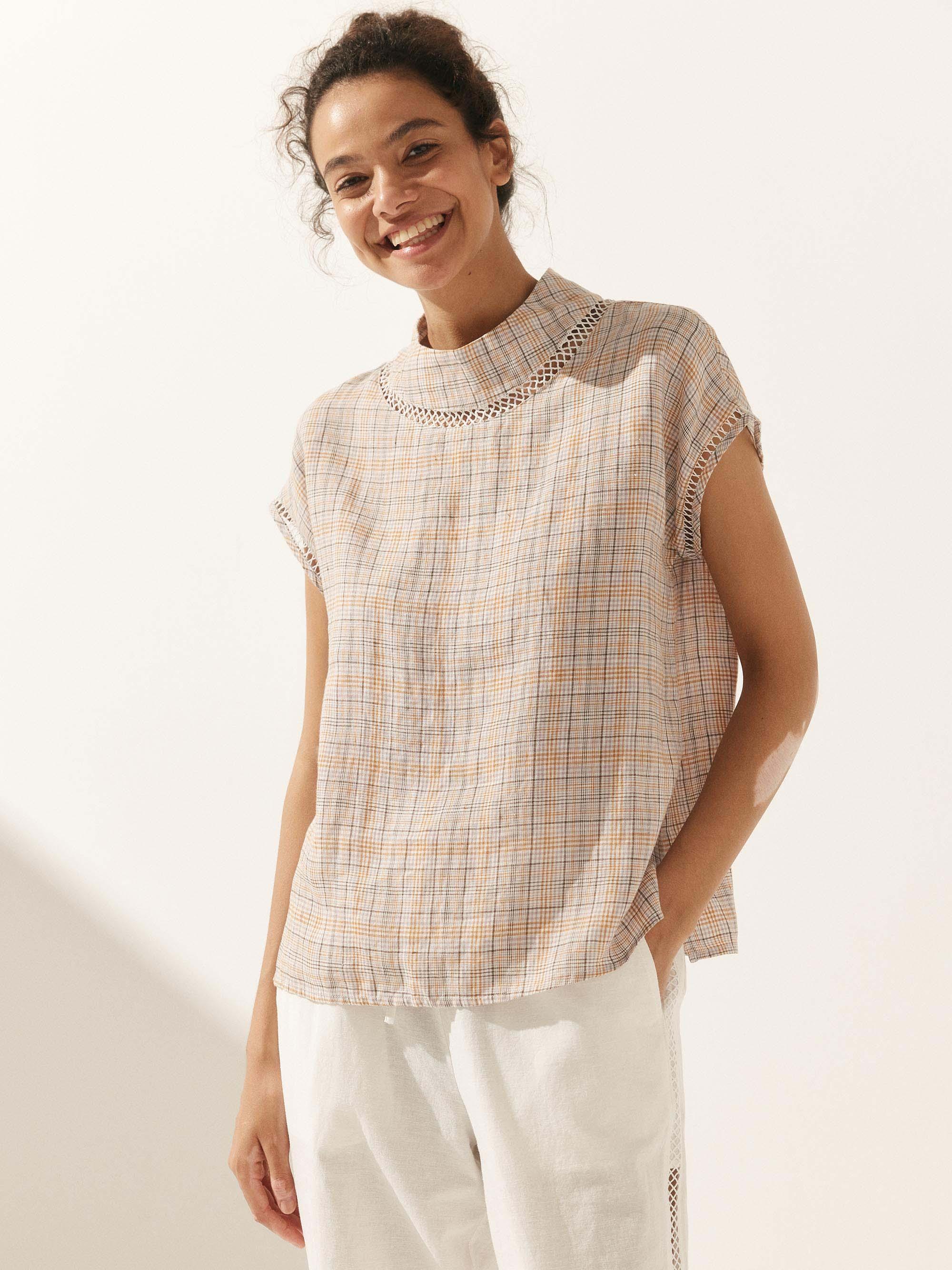 LINTICO 100% Linen Gingham Checked Cutout Turtleneck Top CAROL — feature highlight