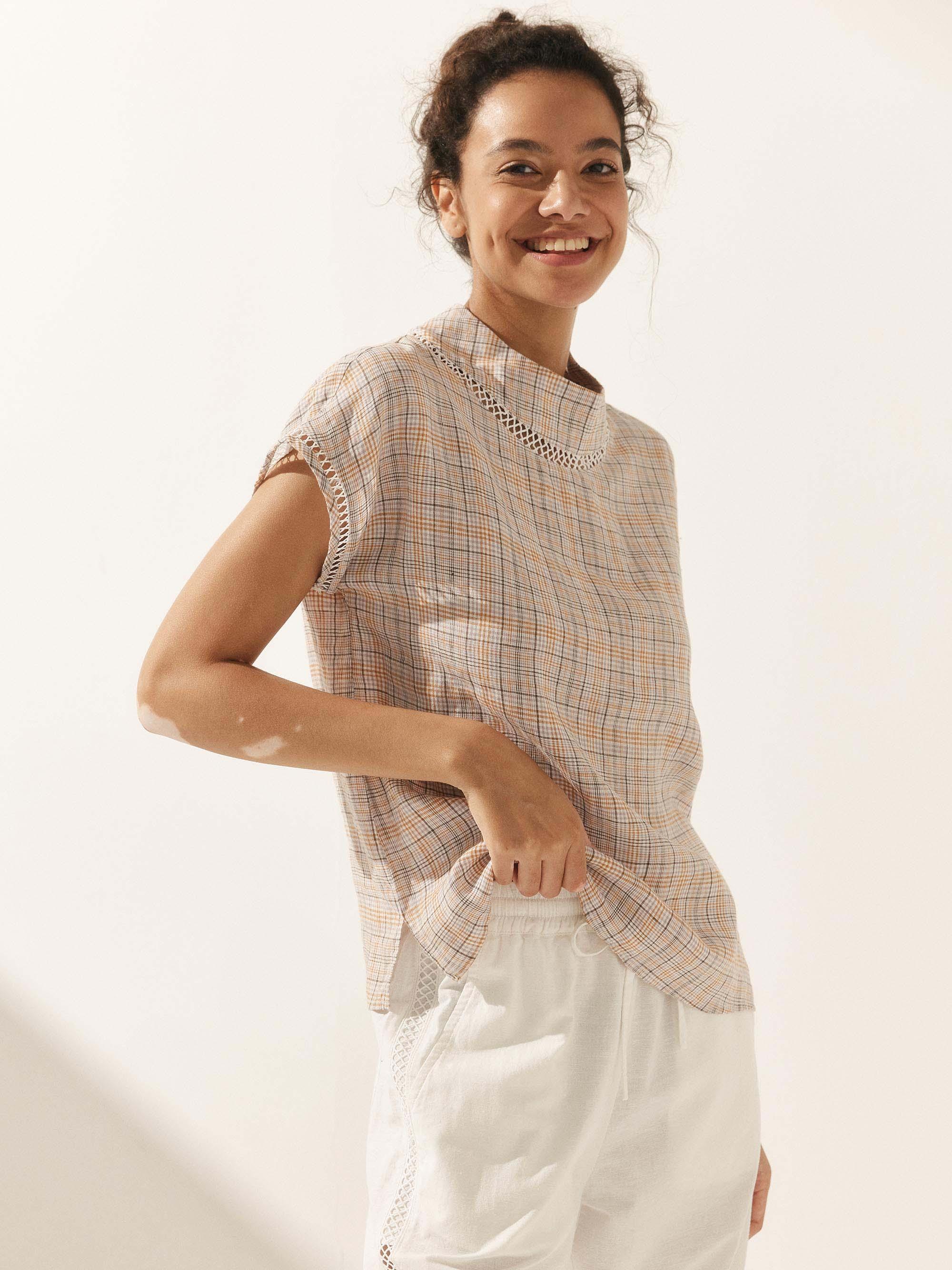 LINTICO 100% Linen Gingham Checked Cutout Turtleneck Top CAROL — comparison shot