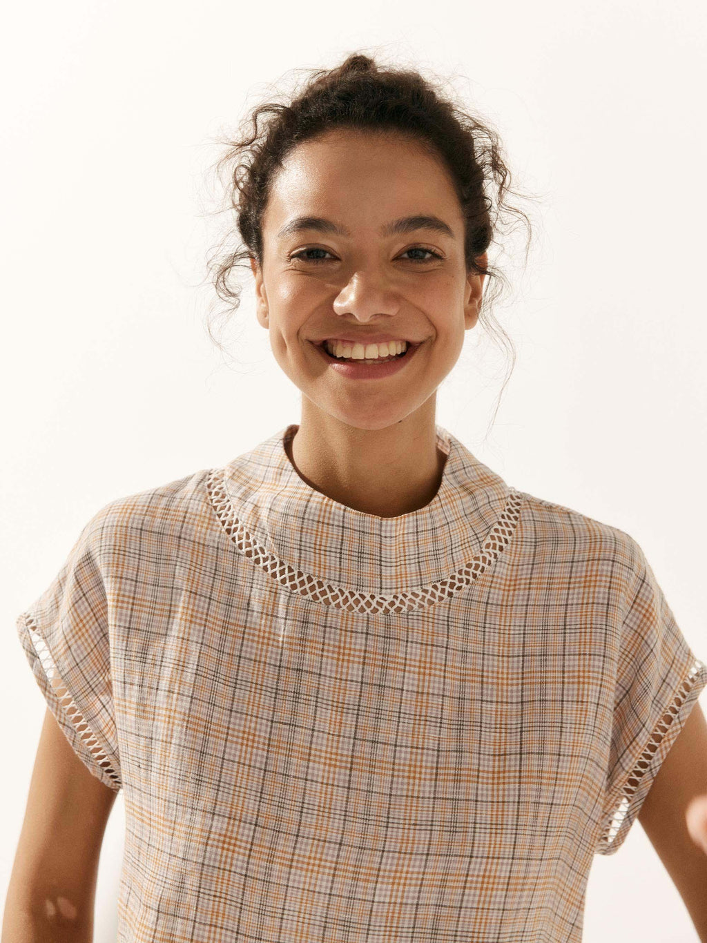 LINTICO 100% Linen Gingham Checked Cutout Turtleneck Top CAROL — flat-lay composition