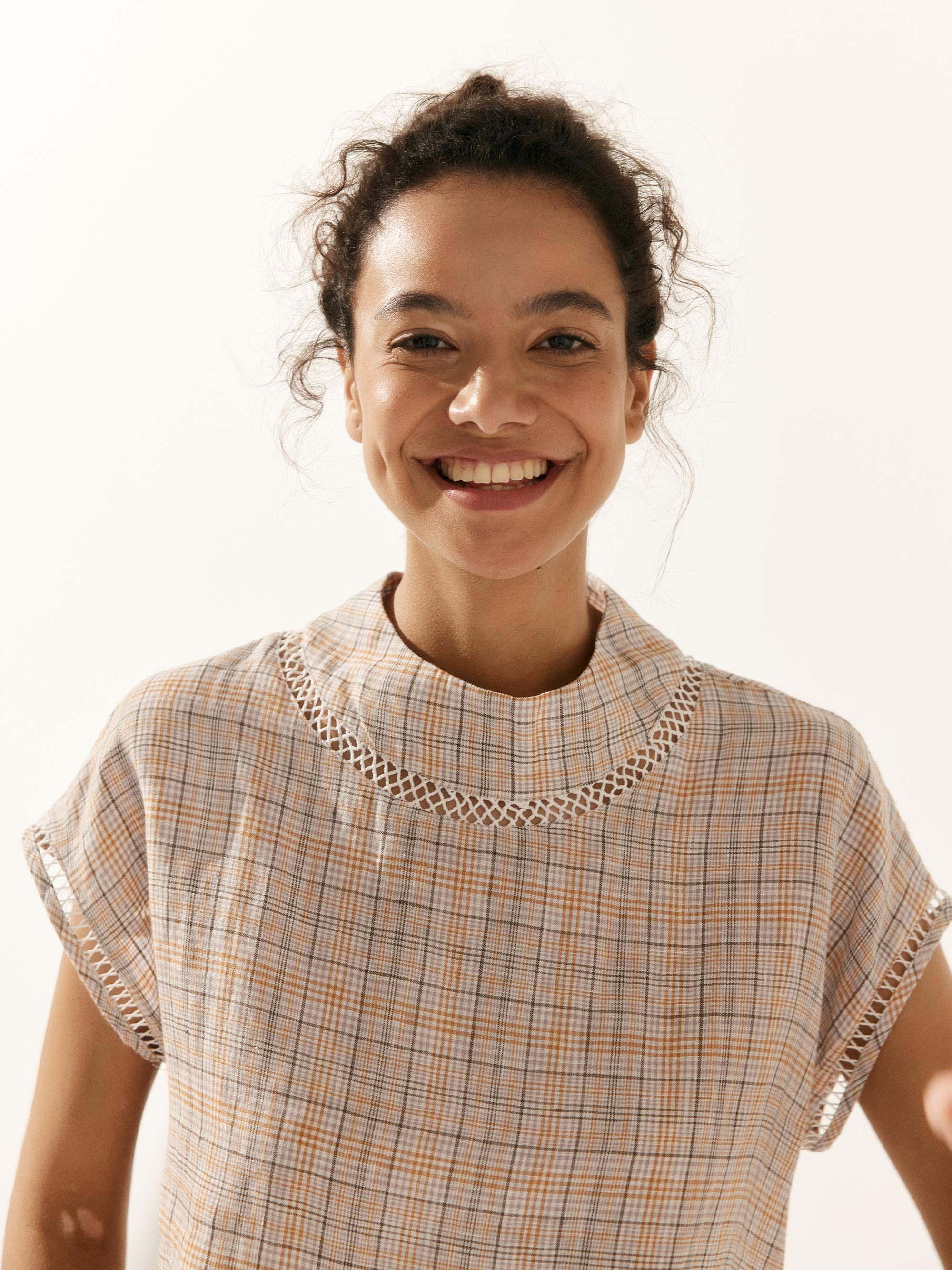 LINTICO 100% Linen Gingham Checked Cutout Turtleneck Top CAROL — flat-lay composition