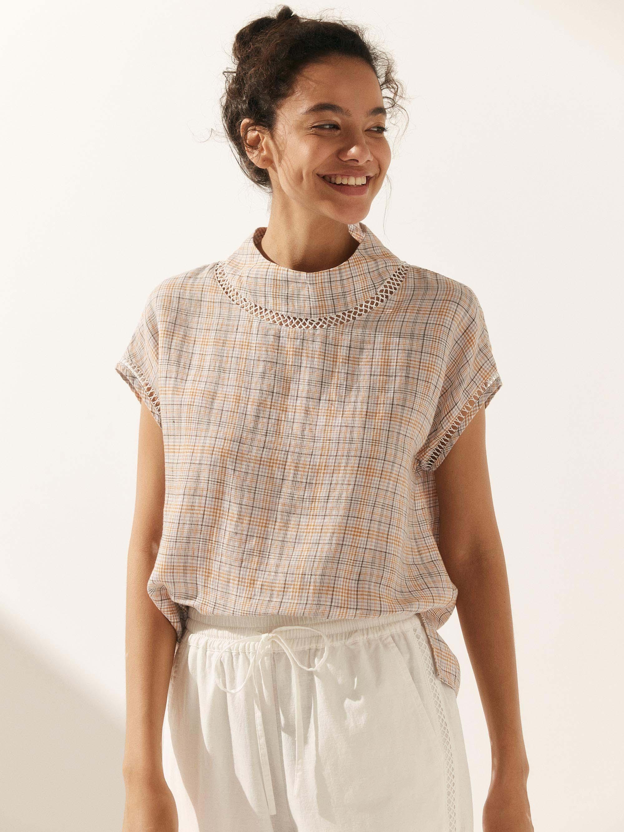 LINTICO 100% Linen Gingham Checked Cutout Turtleneck Top CAROL — detail shot 10