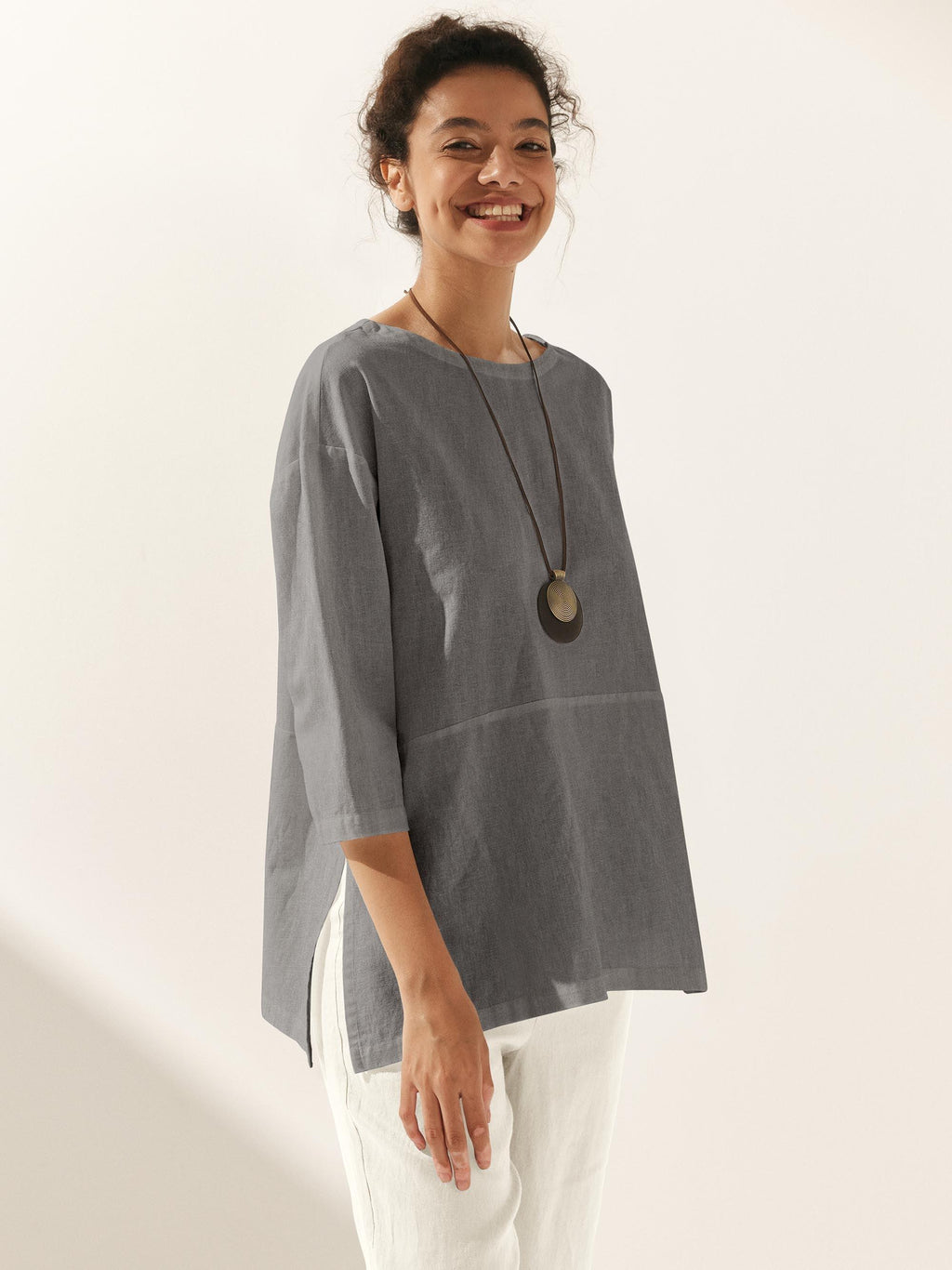 LINTICO Linen White Boat Neck Oversized Top AVA — detail close-up