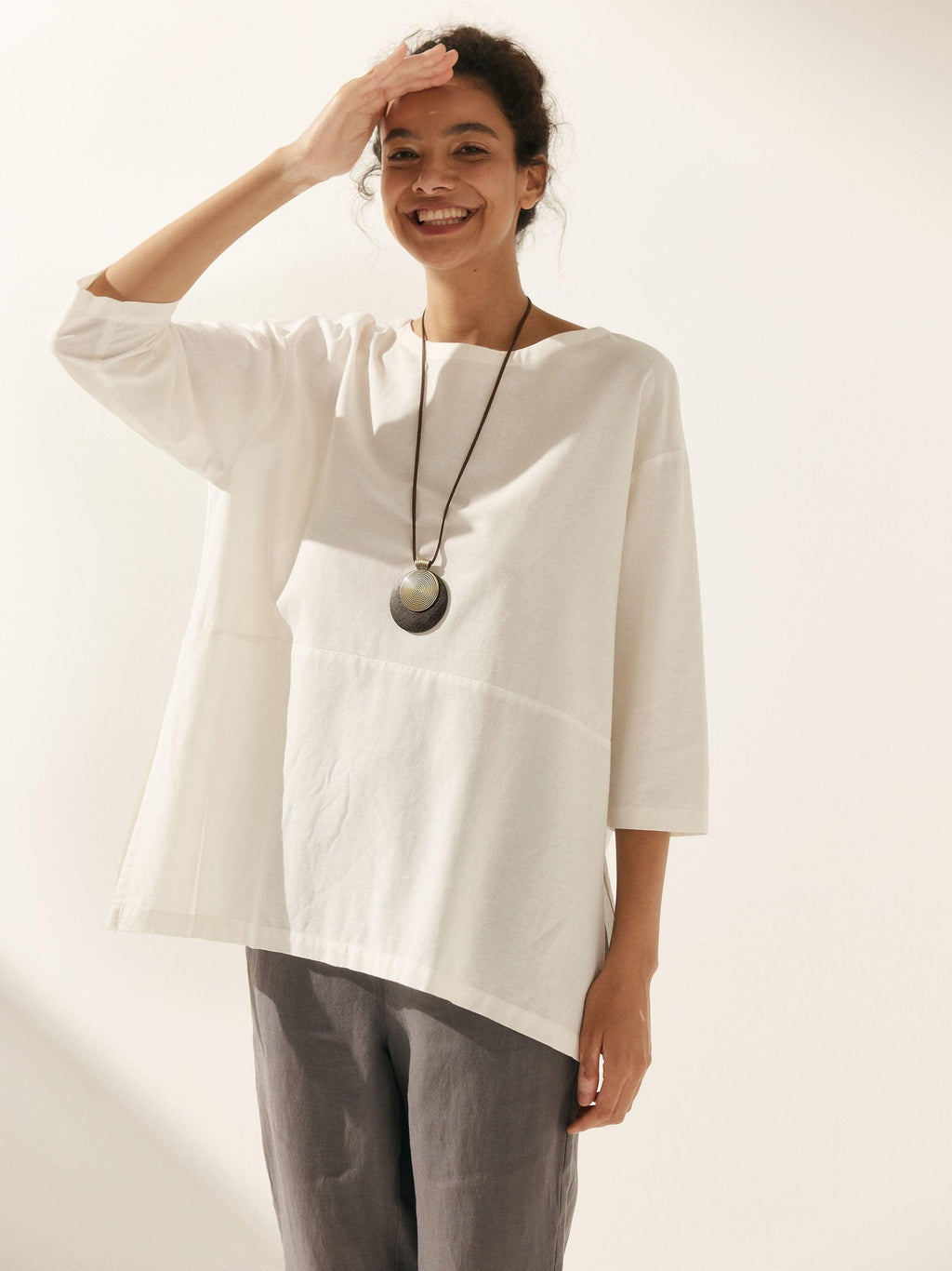 LINTICO Linen White Boat Neck Oversized Top AVA — main product shot