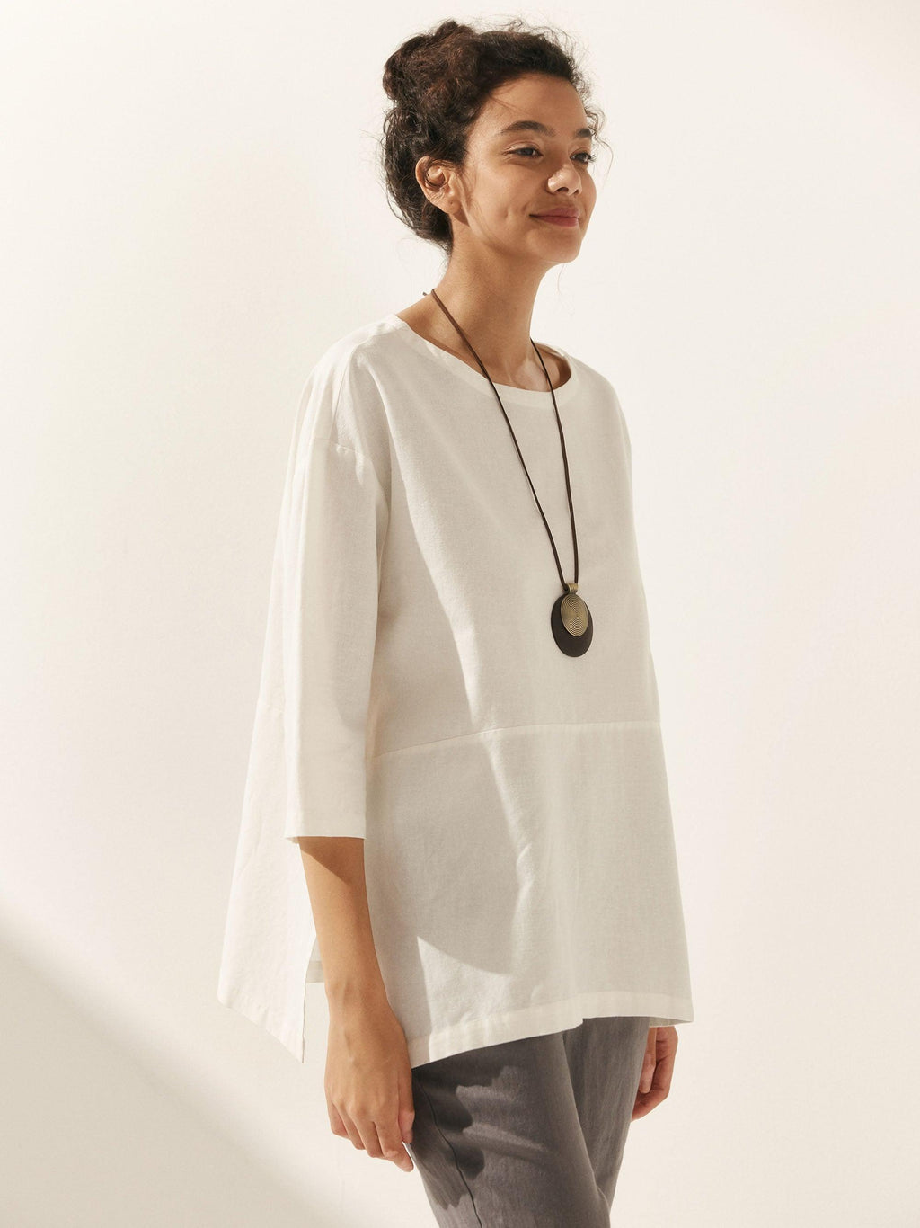LINTICO Linen White Boat Neck Oversized Top AVA — White detail