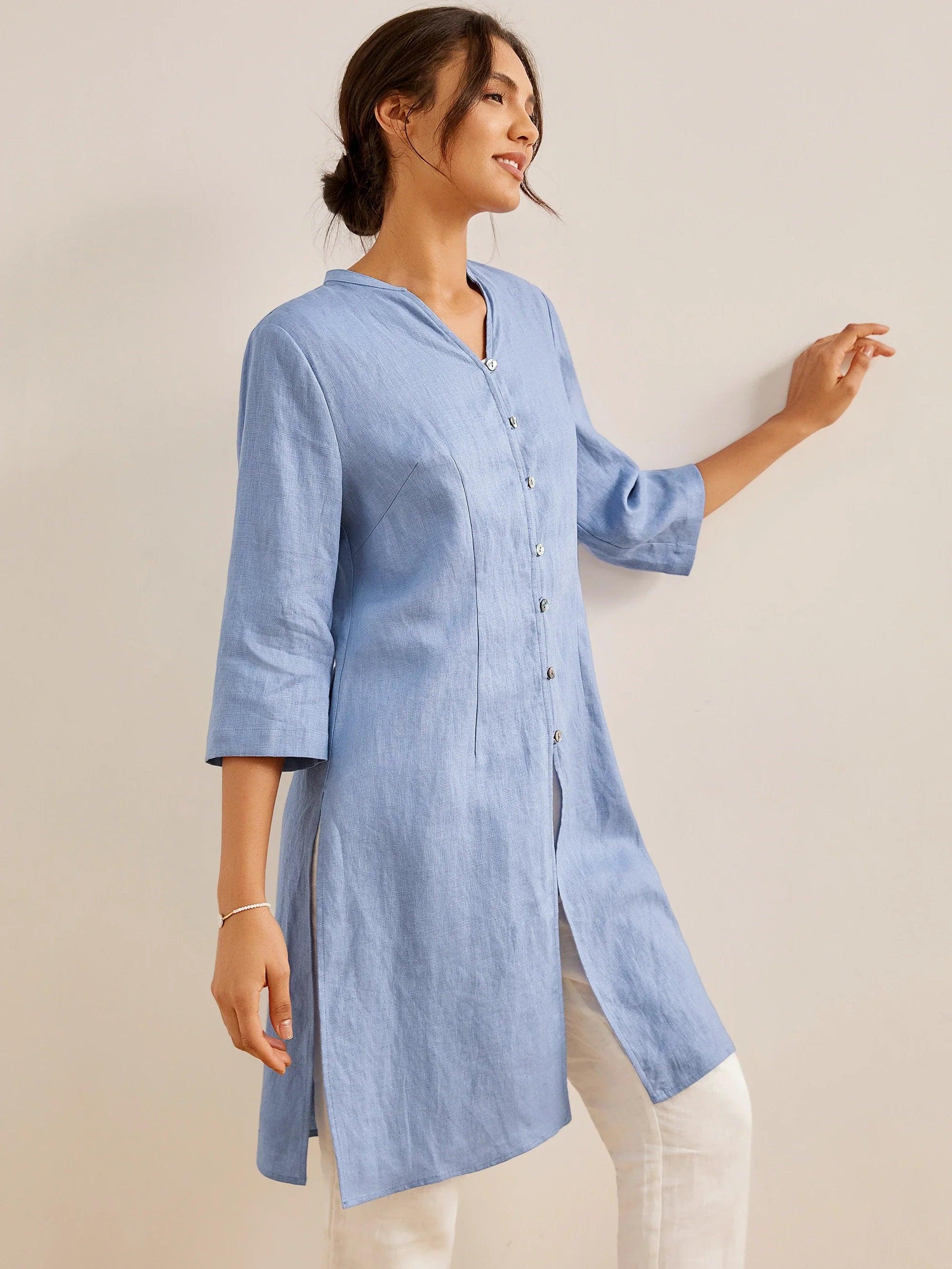 LINTICO 100% Linen Hand Button Long Top DILLON — detail close-up