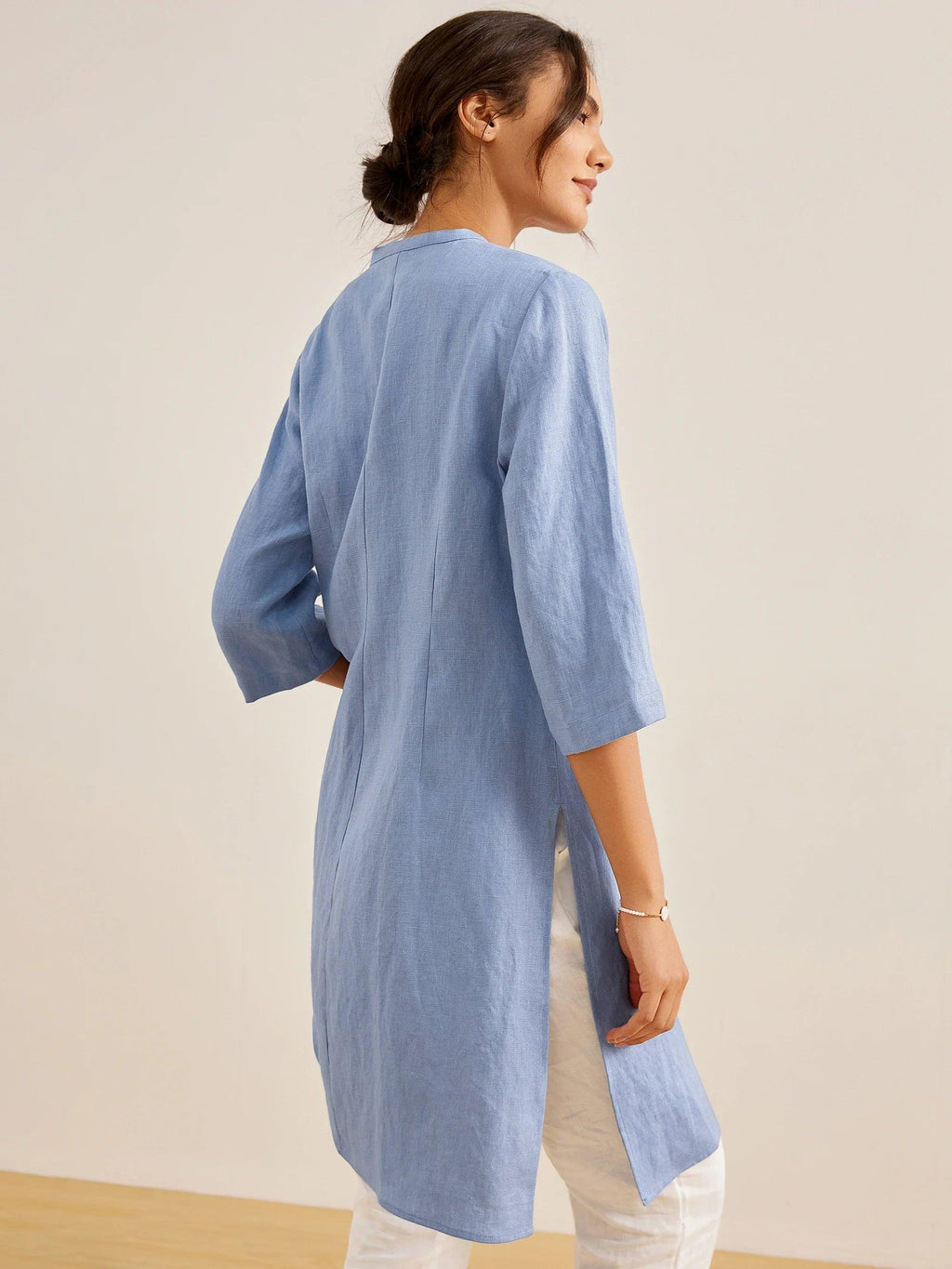 LINTICO 100% Linen Hand Button Long Top DILLON — side view