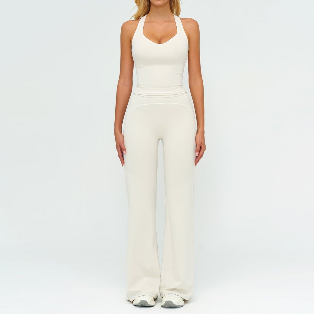 Womens Yoga Set V-neck Sleeveless Tops And Slim Straight Pants Summer Gym Sports Clothing