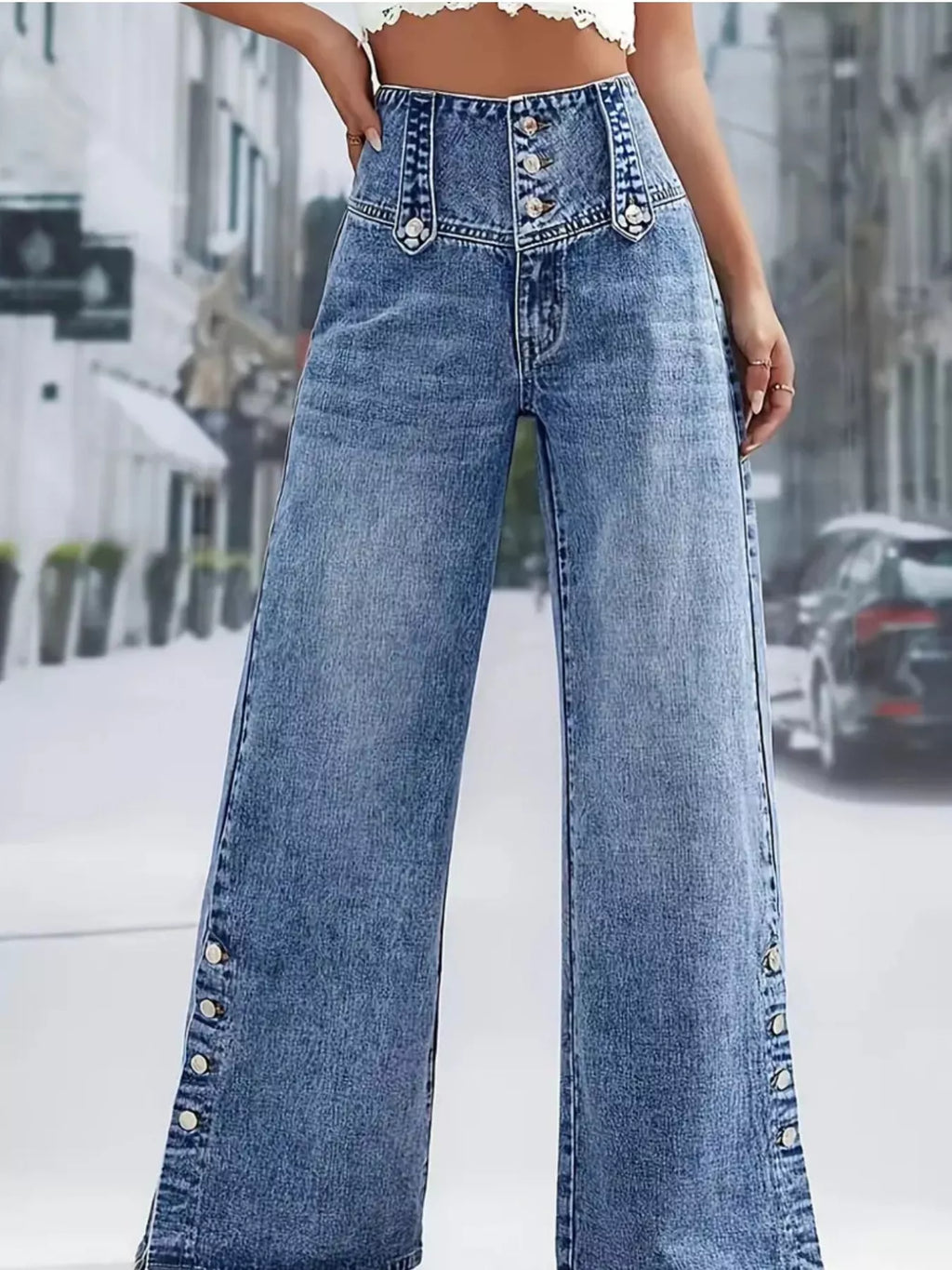High Waist Button Decor Wide Leg Jeans