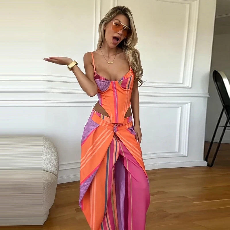 Women's Print Vest and Pleated Pants Set Lace Up