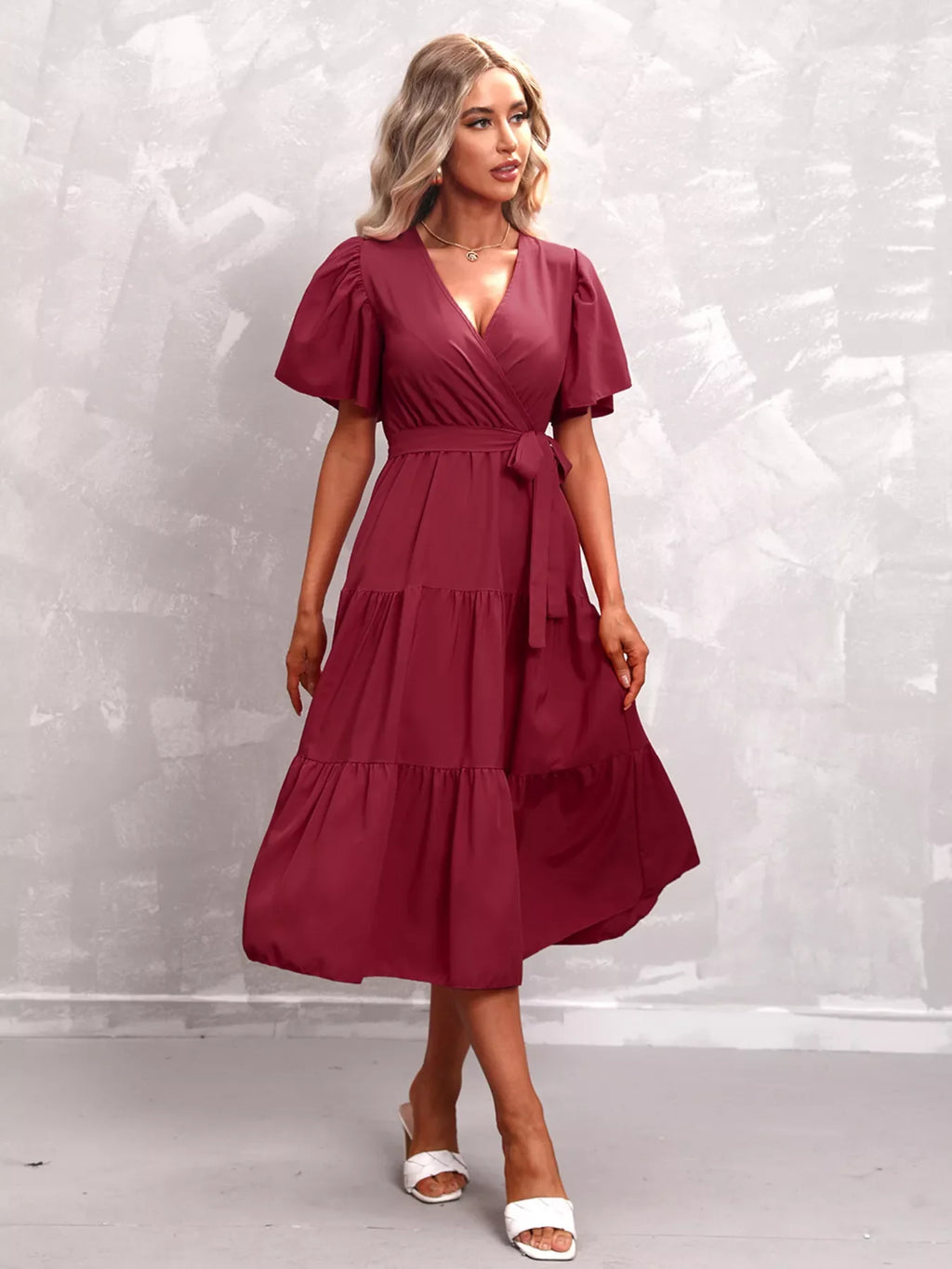 Flutter Sleeve Tiered Midi Dress