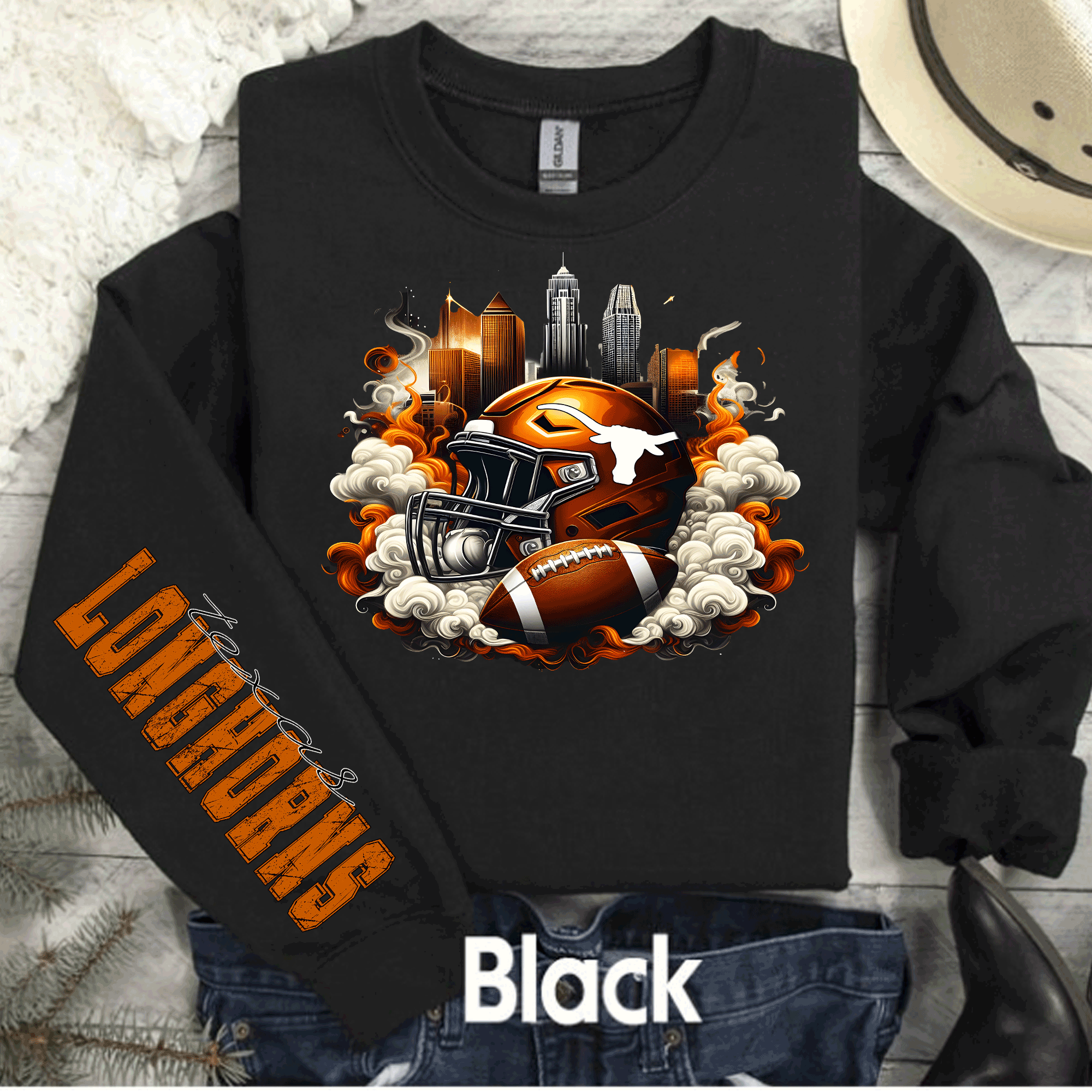 A Blessed Texas Mess Boutique University of Texas Football Shirts, Longhorns Football sweatshirts, SEC… — A Blessed Texas Mess Boutique branding close-up