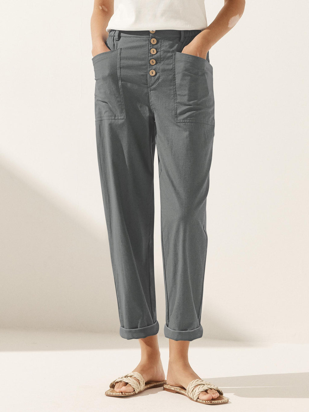 LINTICO Linen Simple Button Fly Trousers HEIDI — fabric or material detail
