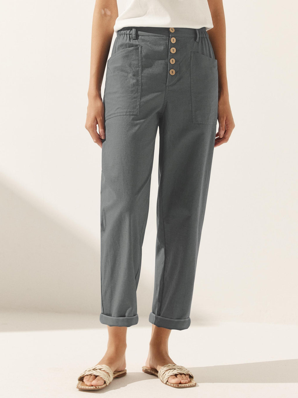 LINTICO Linen Simple Button Fly Trousers HEIDI — flat-lay composition