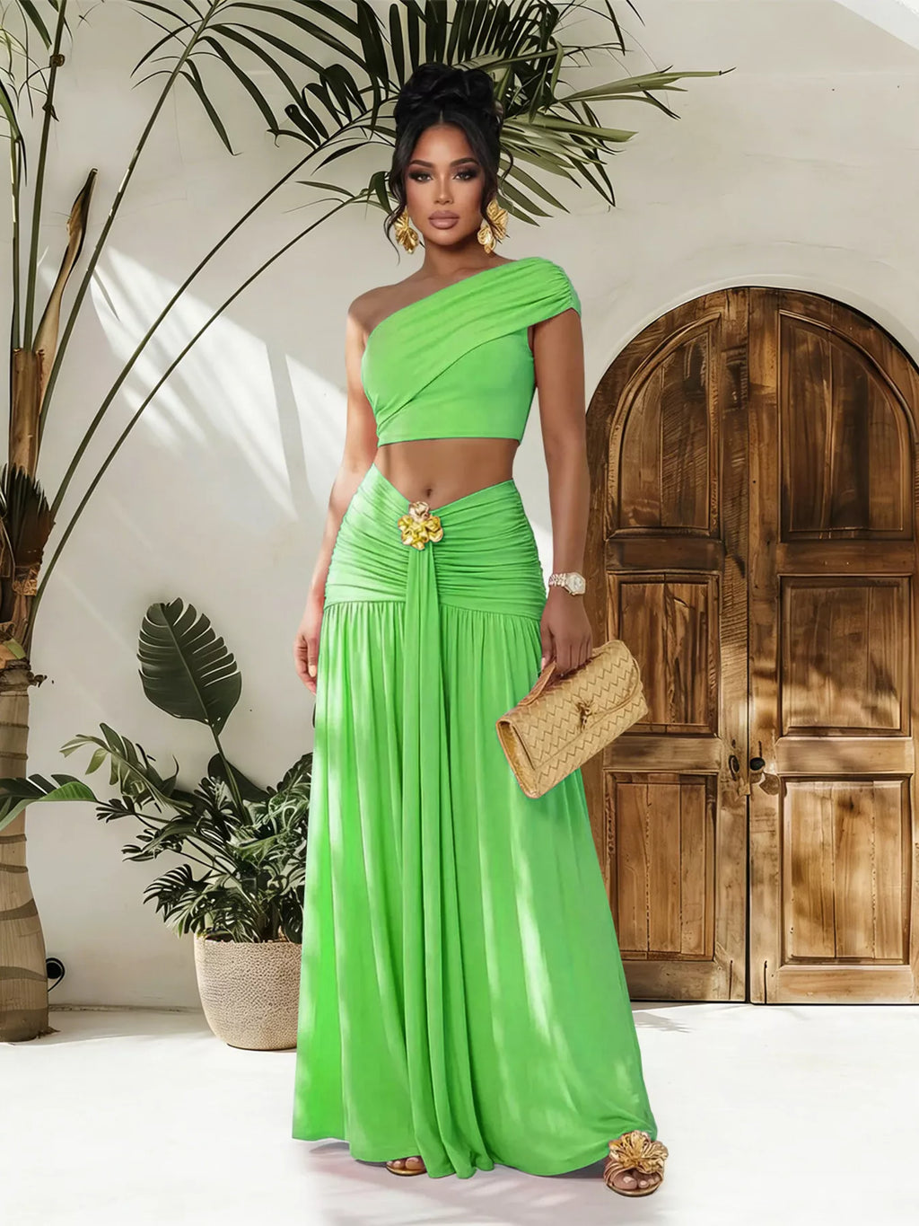 One-Shoulder Top and Ruched Maxi Skirt Set