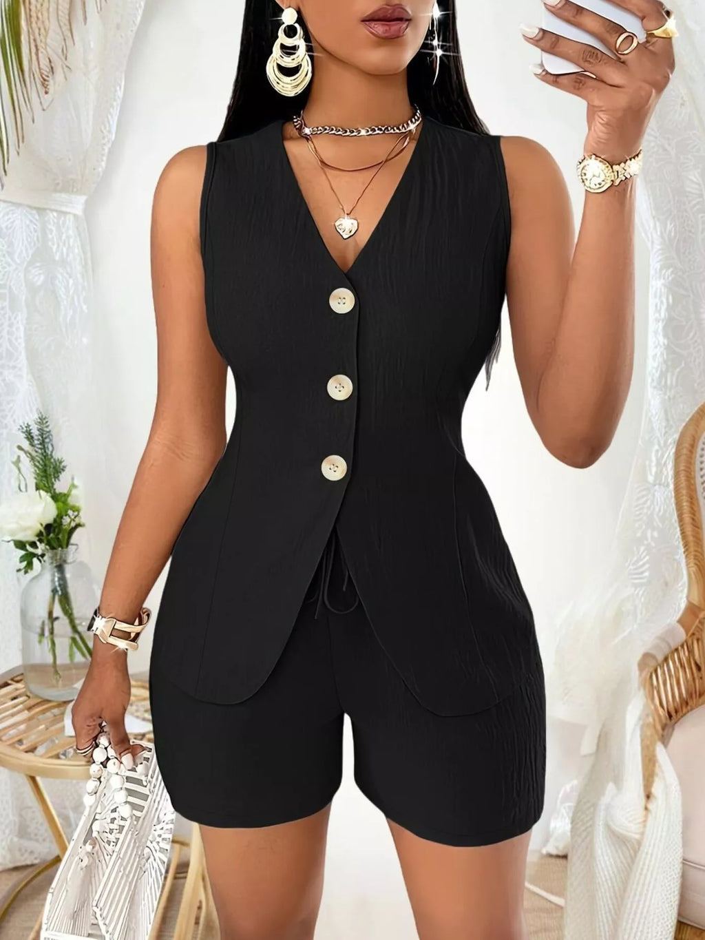 Sleeveless Button-Down Vest & Shorts Set