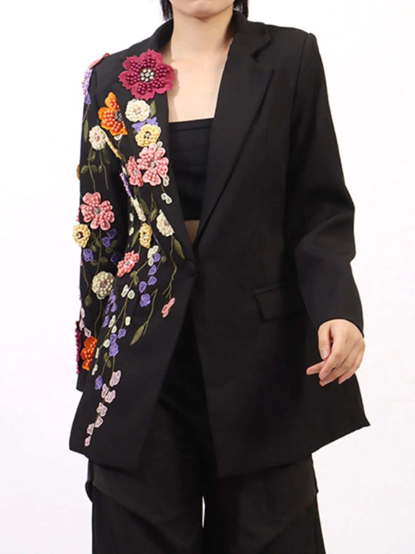 Pearl Detail Flower Lapel Collar Blazer