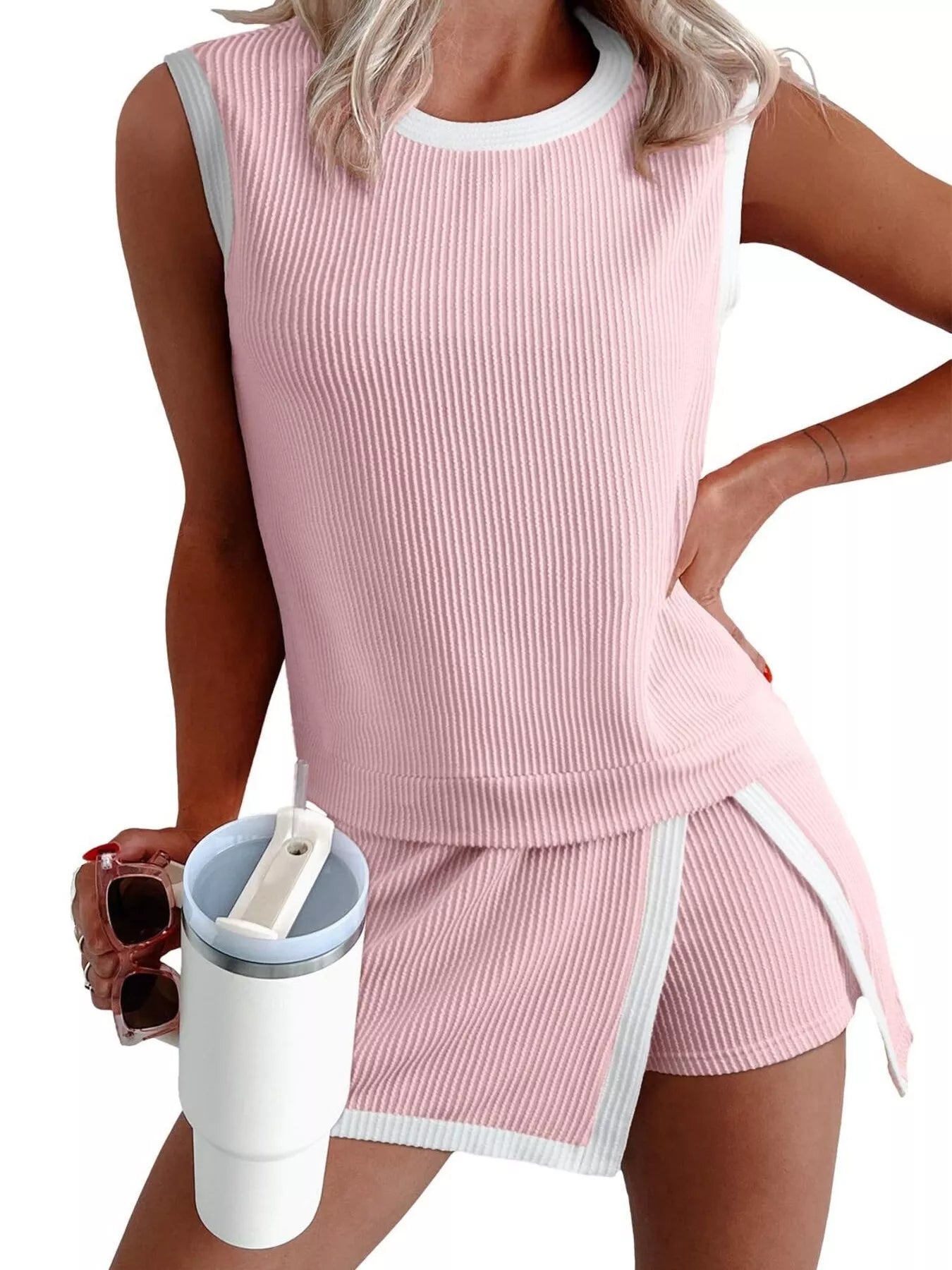 Ribbed Knit Sleeveless Top and Skort Set