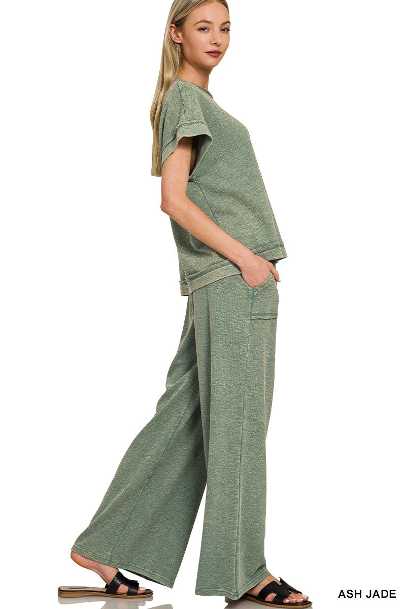 Zenana Washed Slub Short Sleeve Tee & Long Pants Set