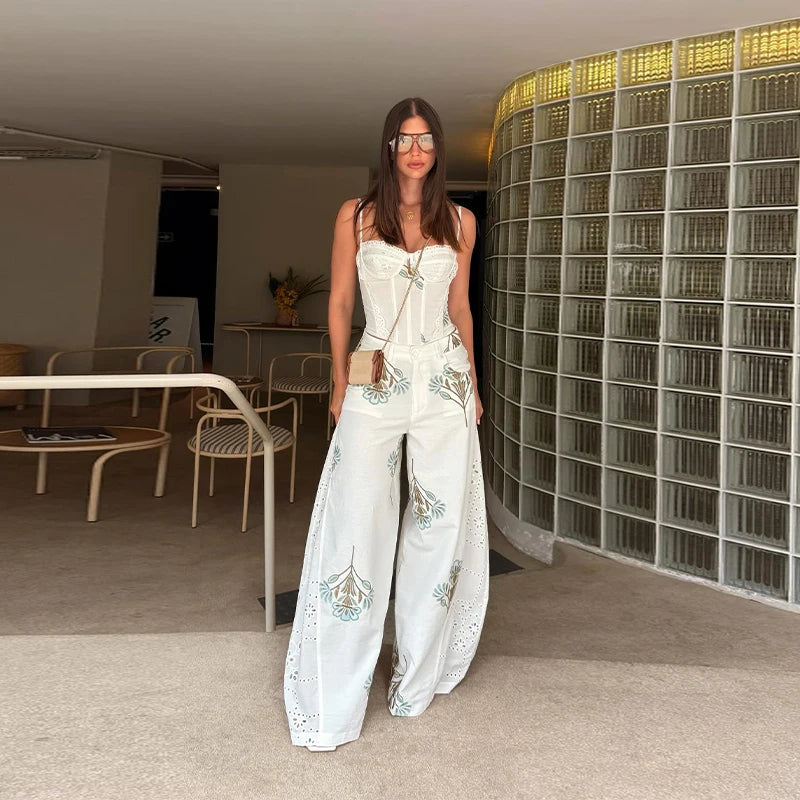 Women's Print Vest and Pleated Pants Set Lace Up