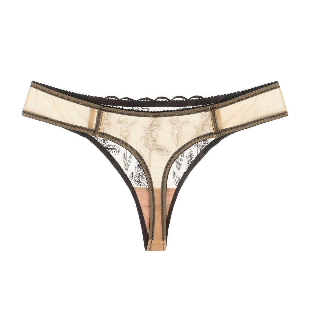 Amour d'Agnette Kim Floral Embroidery Thong on Jelly Fabric — couture lingerie flatlay