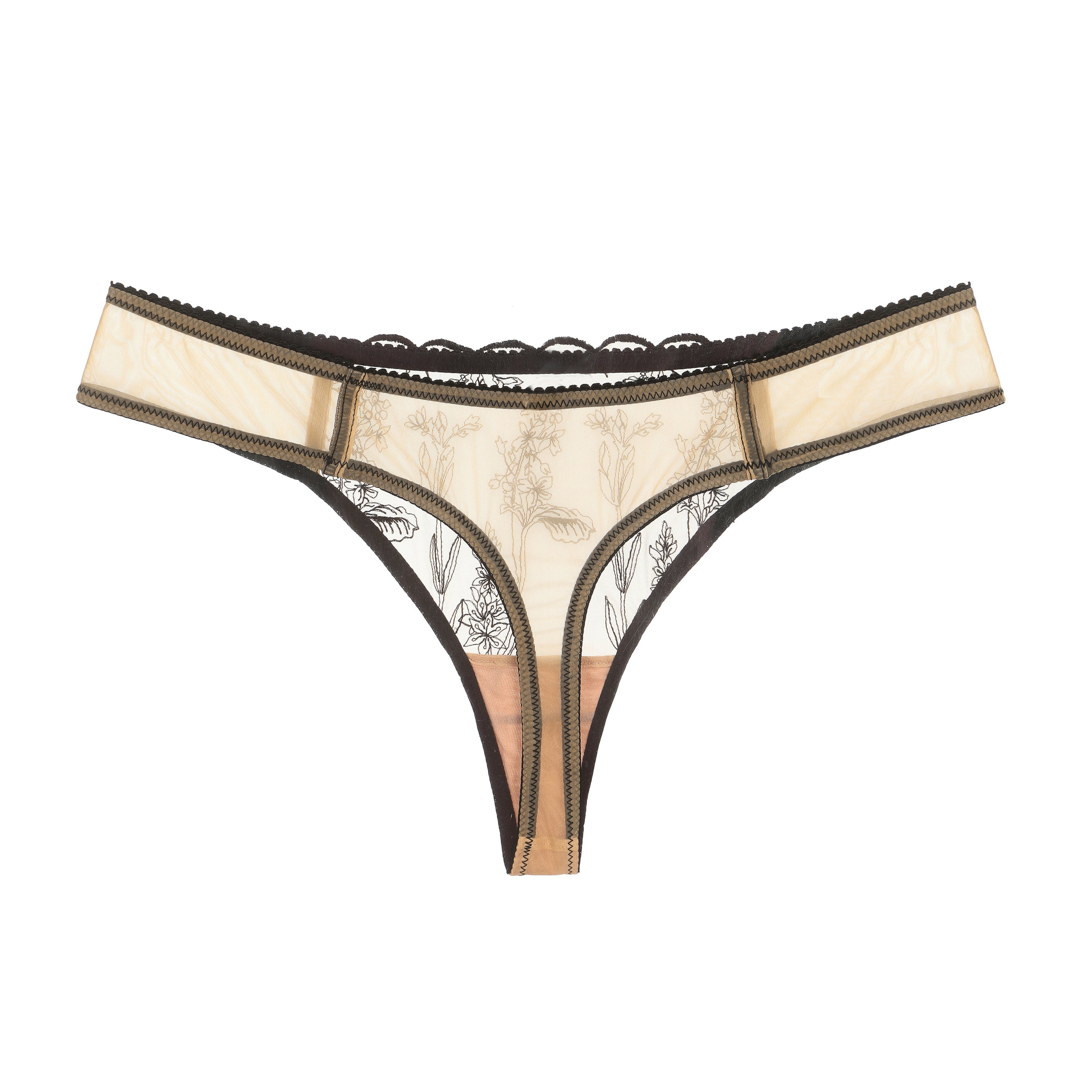 Amour d'Agnette Kim Floral Embroidery Thong on Jelly Fabric — couture lingerie flatlay