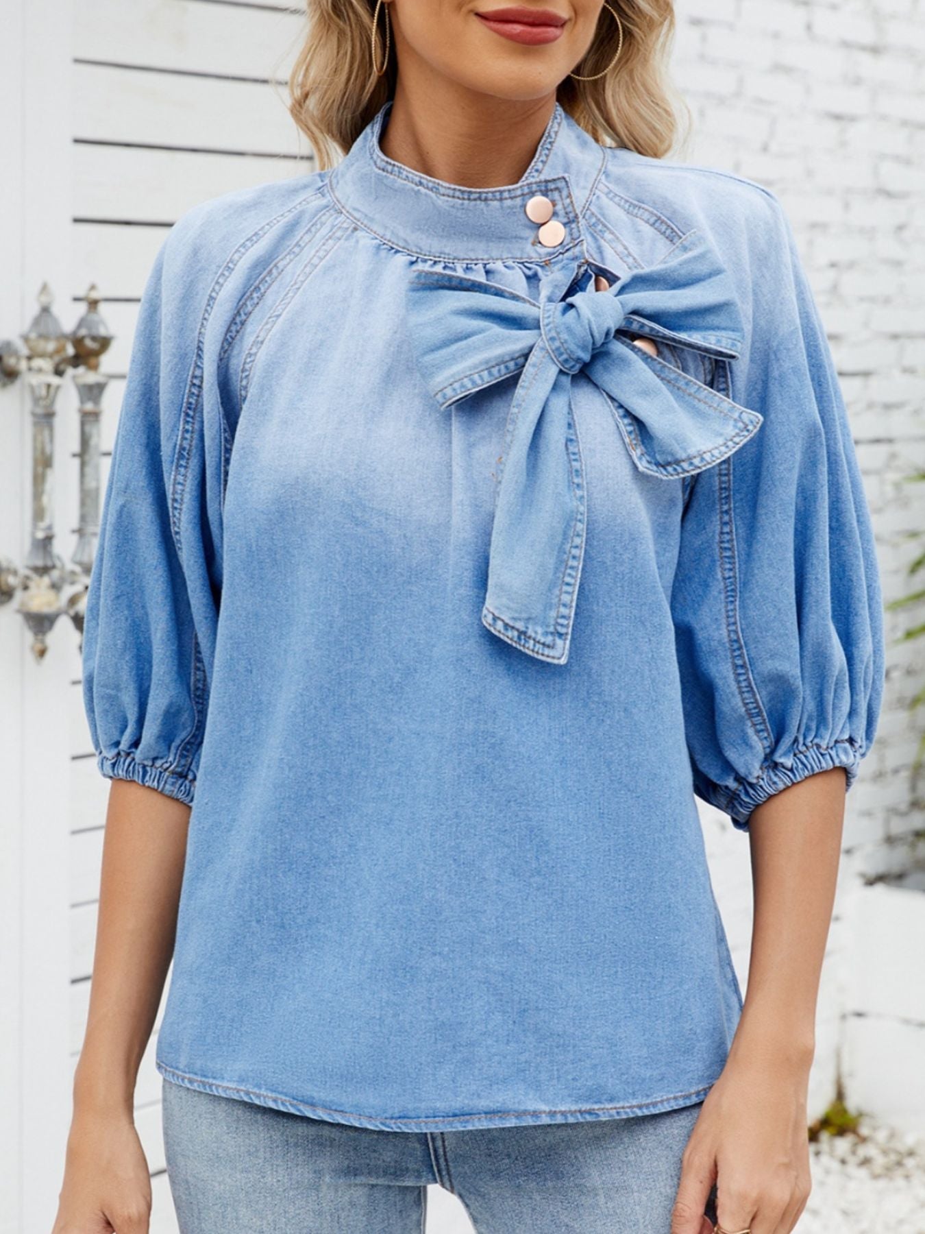 Bow Accent Puff Sleeve Denim Top