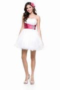 CLEARANCE - Cinderella Divine 077 Short Strapless White Dress Hot Pink Rhinestone Waist Tulle
