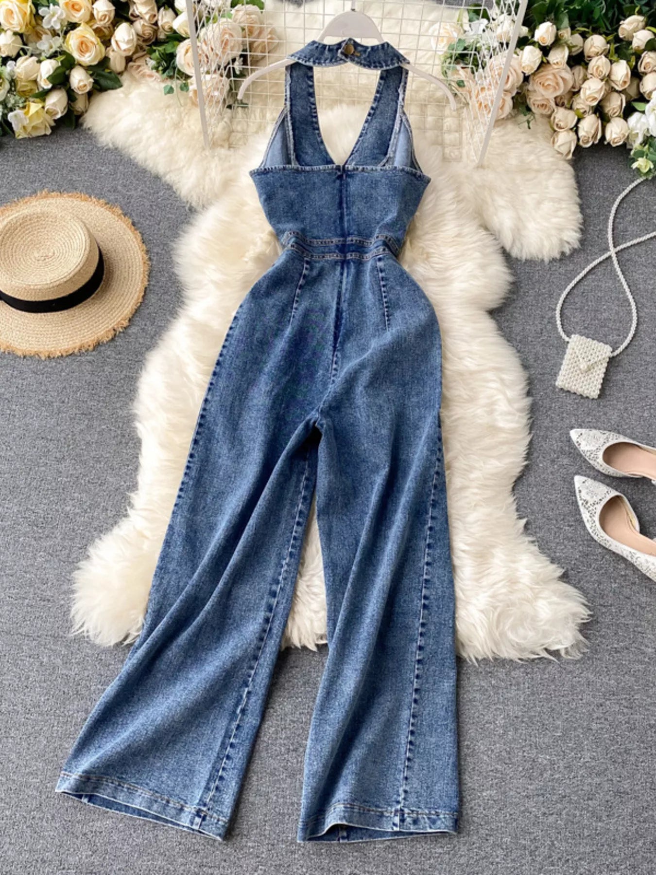 Halter Neck Wide Leg Denim Jumpsuit