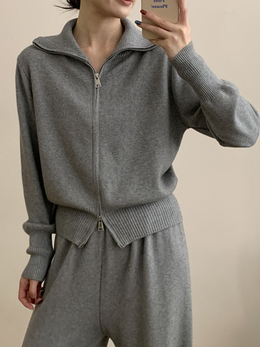Zip Up Outerwear and Wide Leg Pants Set