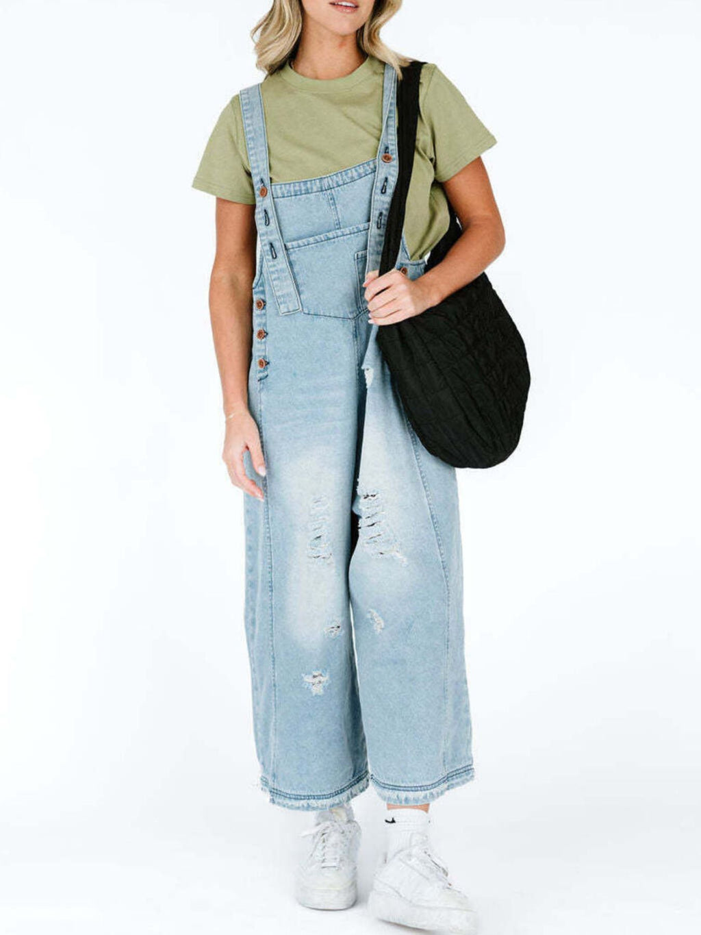 Distressed Wide Leg Denim Overalls