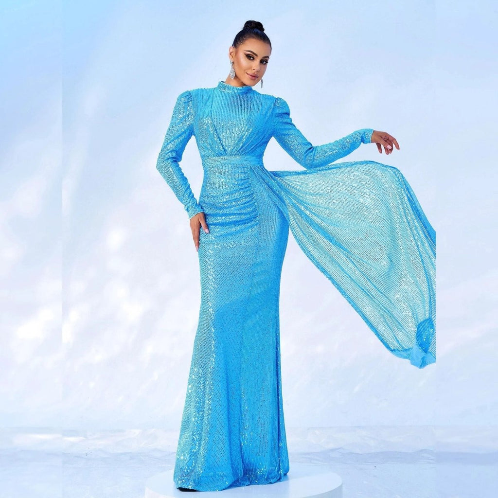 Long Sleeve Round Neck Sexy Slim Long Sequined Banquet Dress