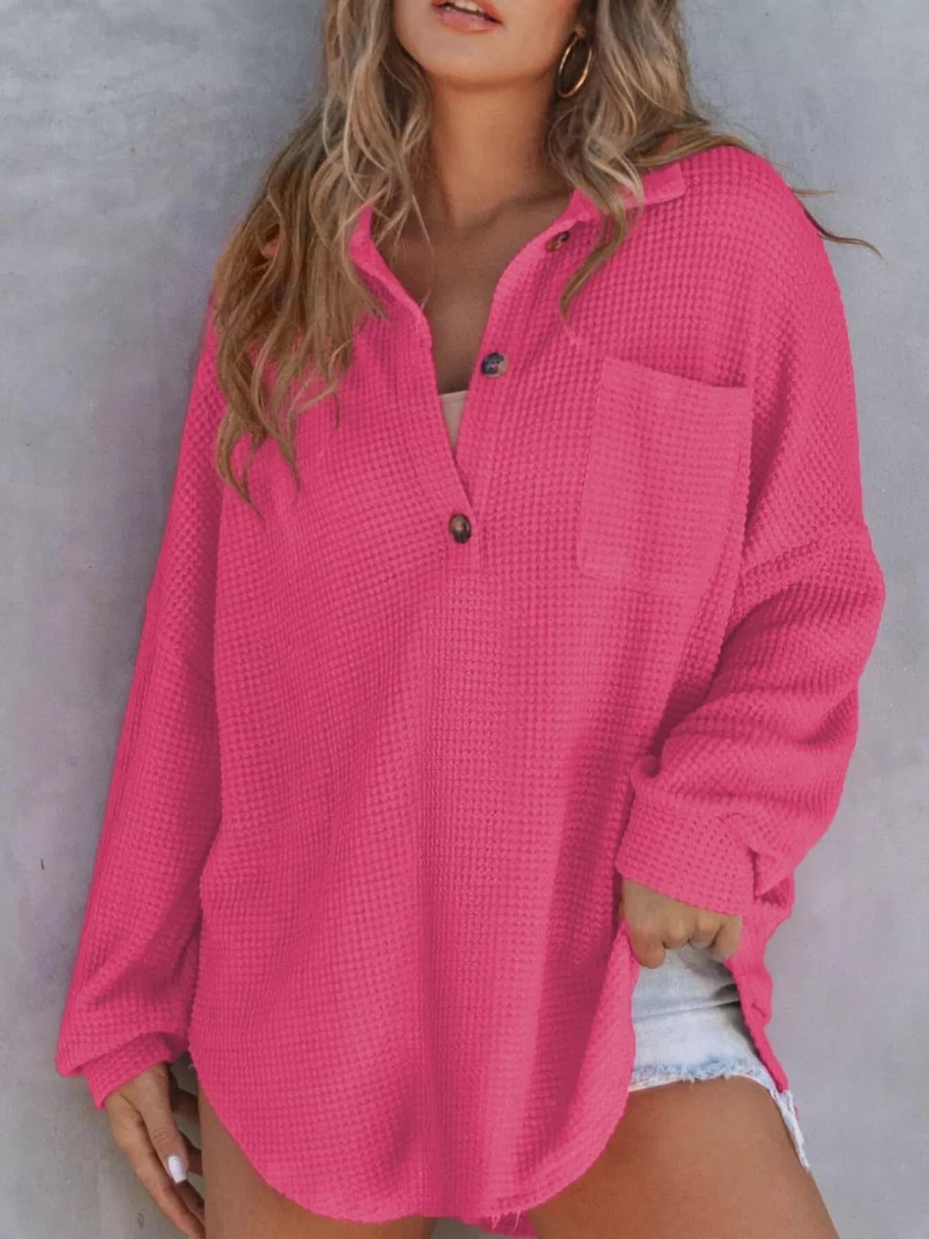 Waffle Knit Button Detail T-Shirt with Pocket