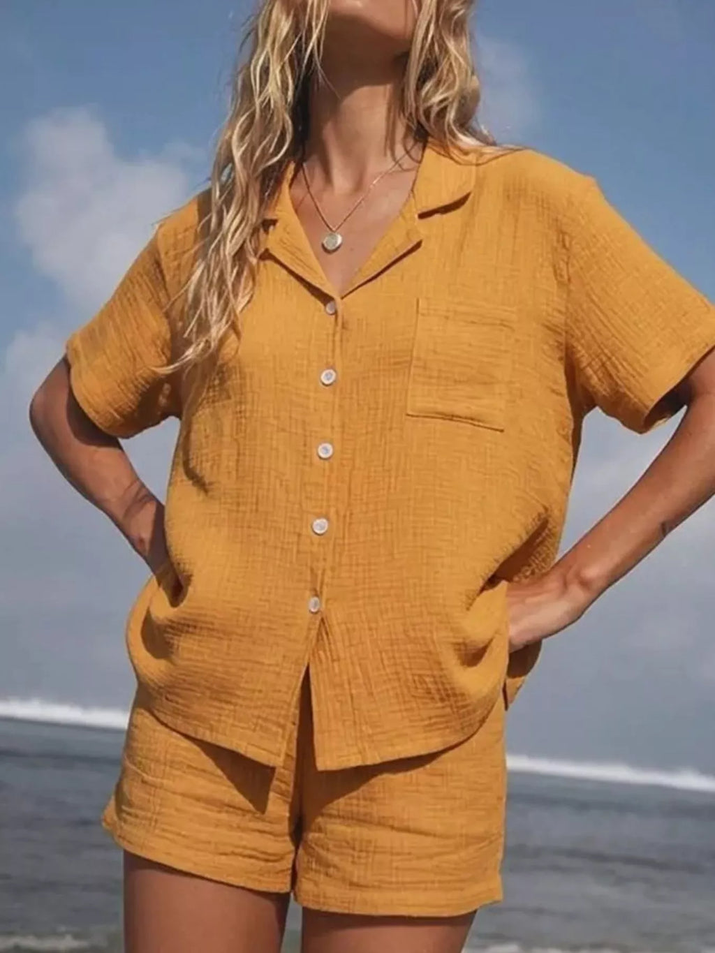 Button Up Short Sleeve Shirt and Shorts Set