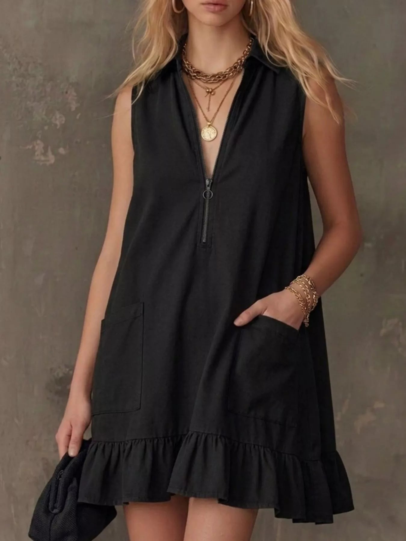Sleeveless Collared Zip-Front Ruffle Hem Dress