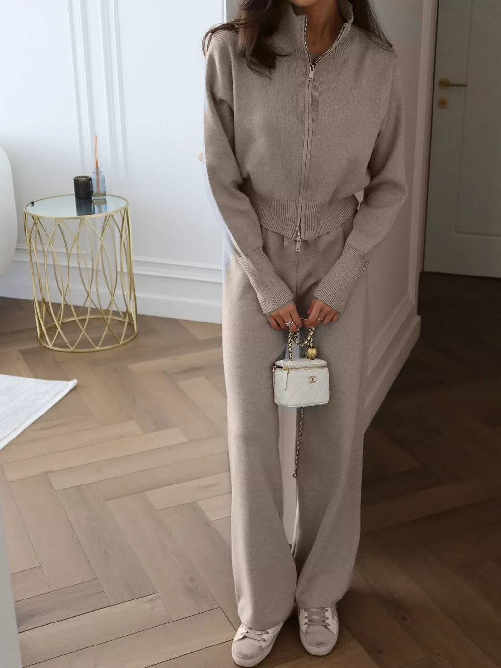 Zip Up Outerwear and Wide Leg Pants Set