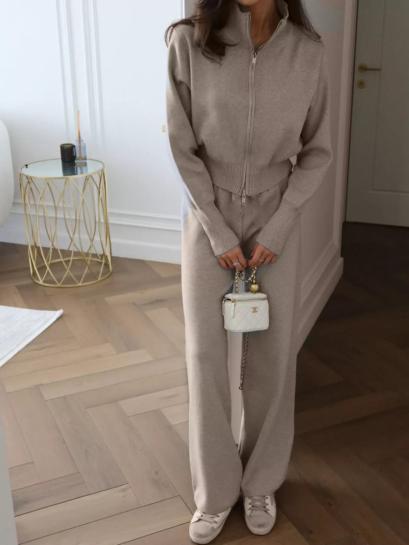 Zip Up Outerwear and Wide Leg Pants Set