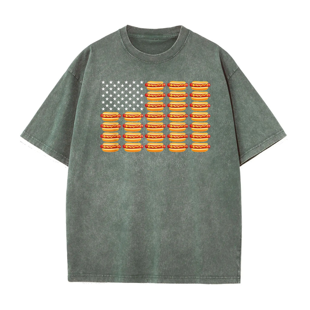 Funny July 4th Hot Dog T-Shirt – Retro American Flag Patriotic Summer BBQ Tee, Vintage Washed Lightweight Cotton Glizzy Freedom Top