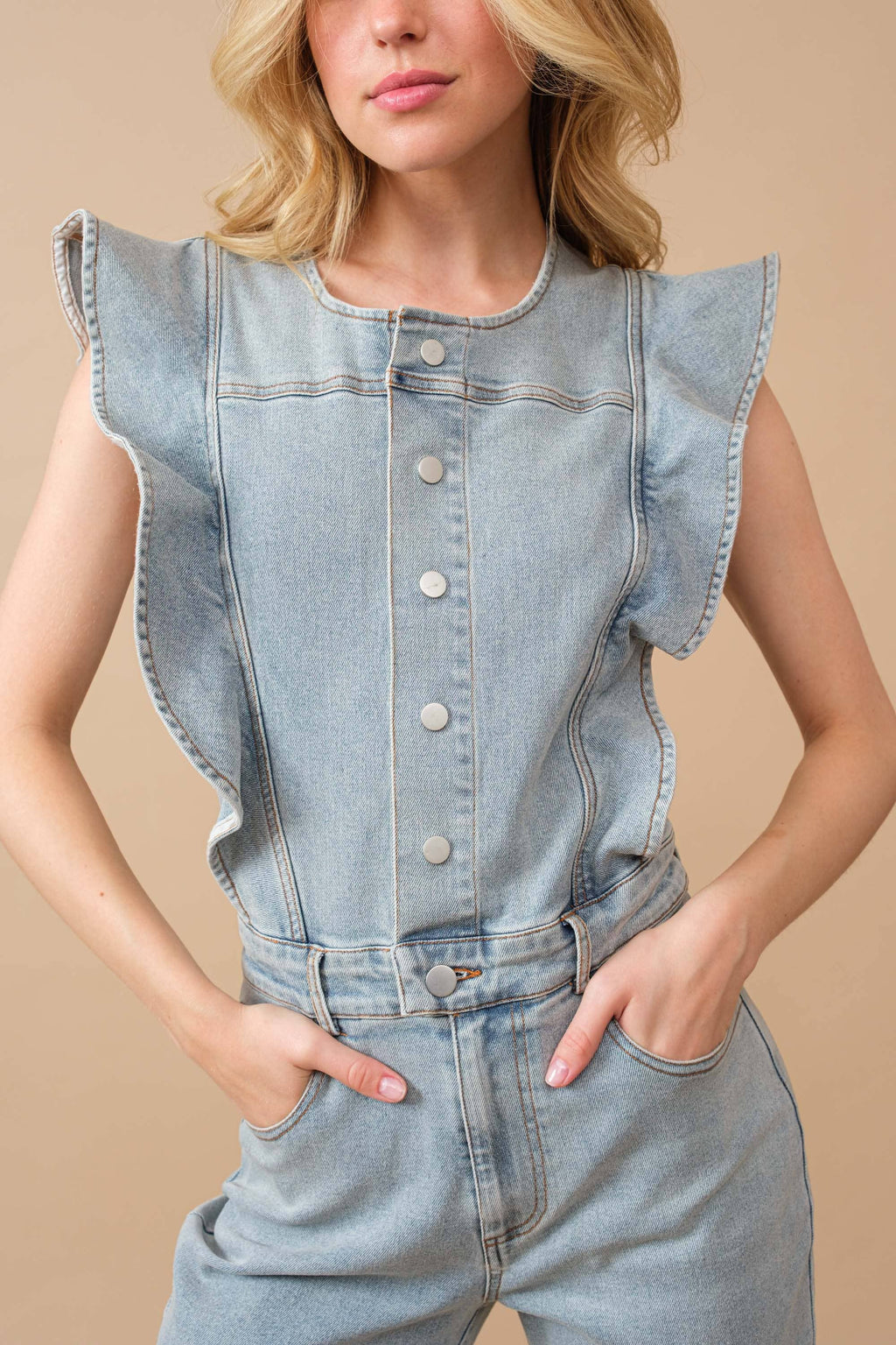Pretty Little Patriot Pretty Little Patriot Ruffle Bell Bottom Denim Jumpsuit — lifestyle worn / used context
