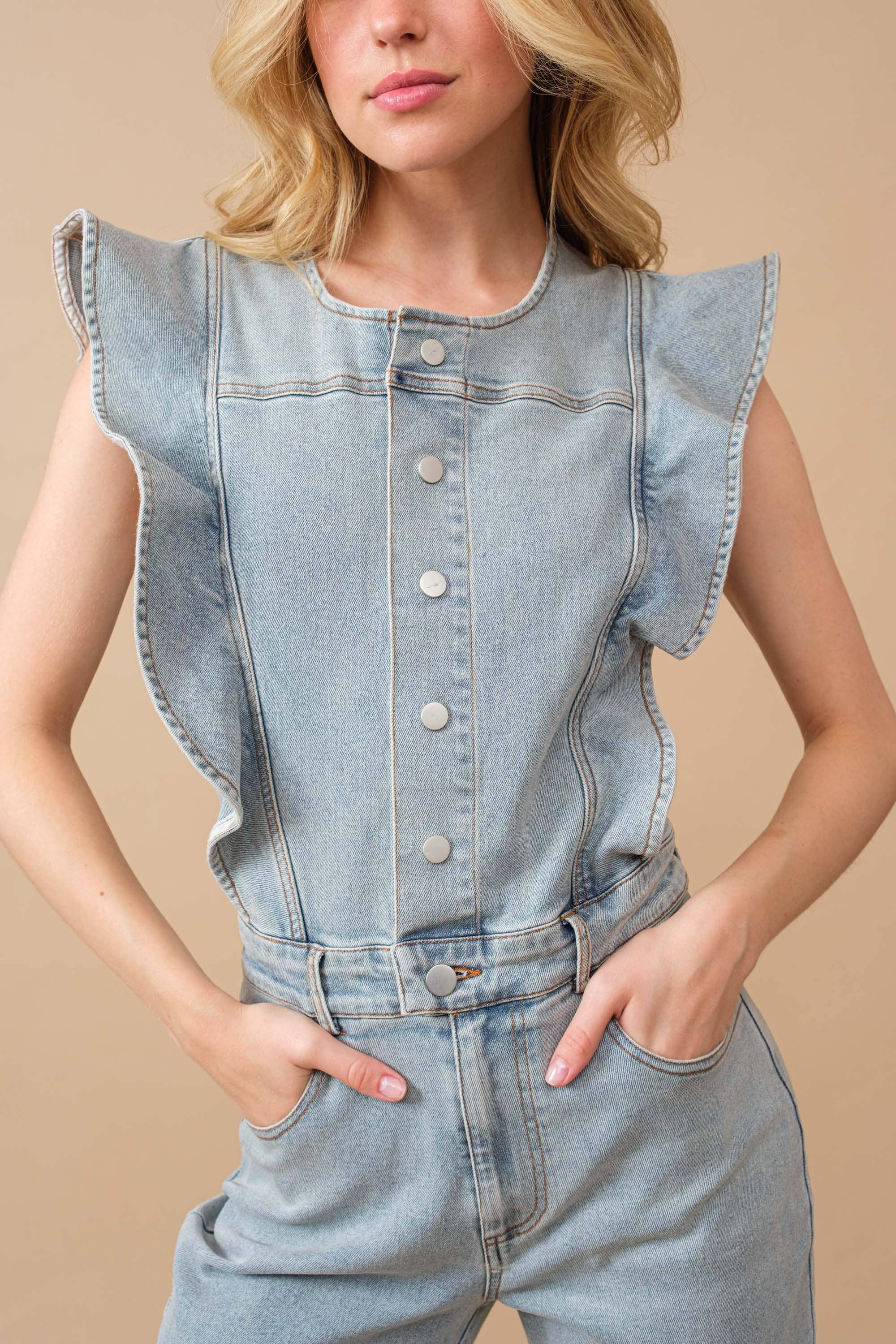 Pretty Little Patriot Pretty Little Patriot Ruffle Bell Bottom Denim Jumpsuit — lifestyle worn / used context