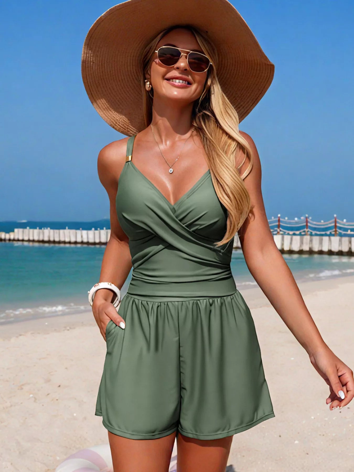 V-Neck Spaghetti Strap One-Piece Swimsuit