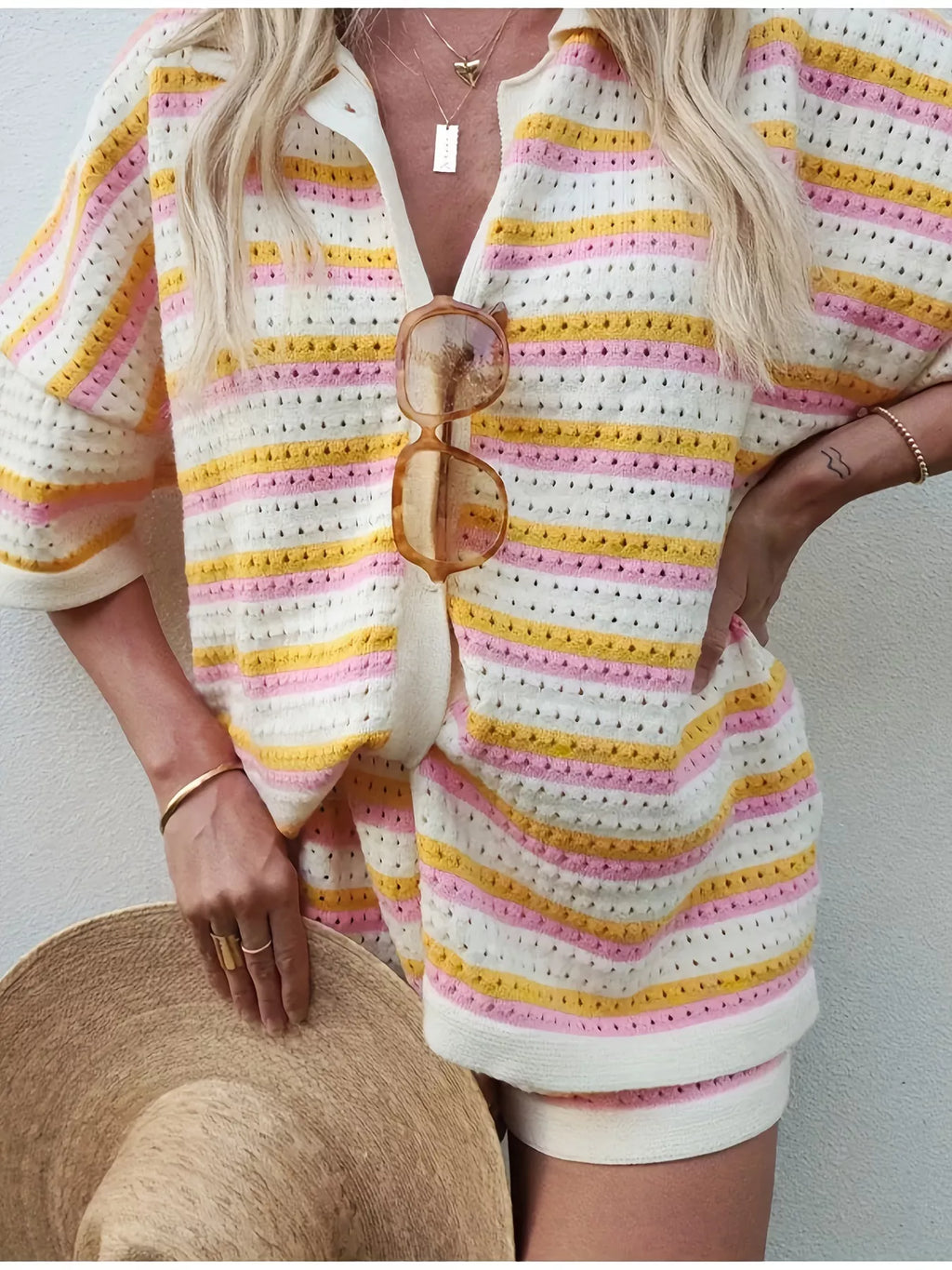 Openwork Button Up Top and Shorts Set