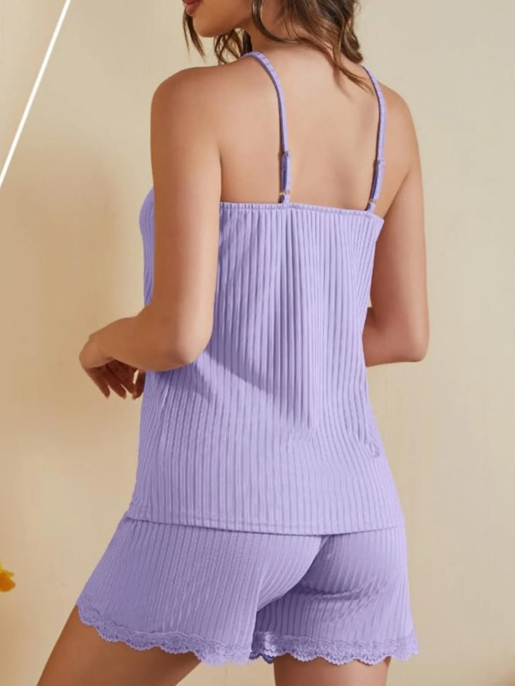 MWBW Apparel and More Lace-Trimmed Ribbed Cami and Shorts Lounge Set — back view